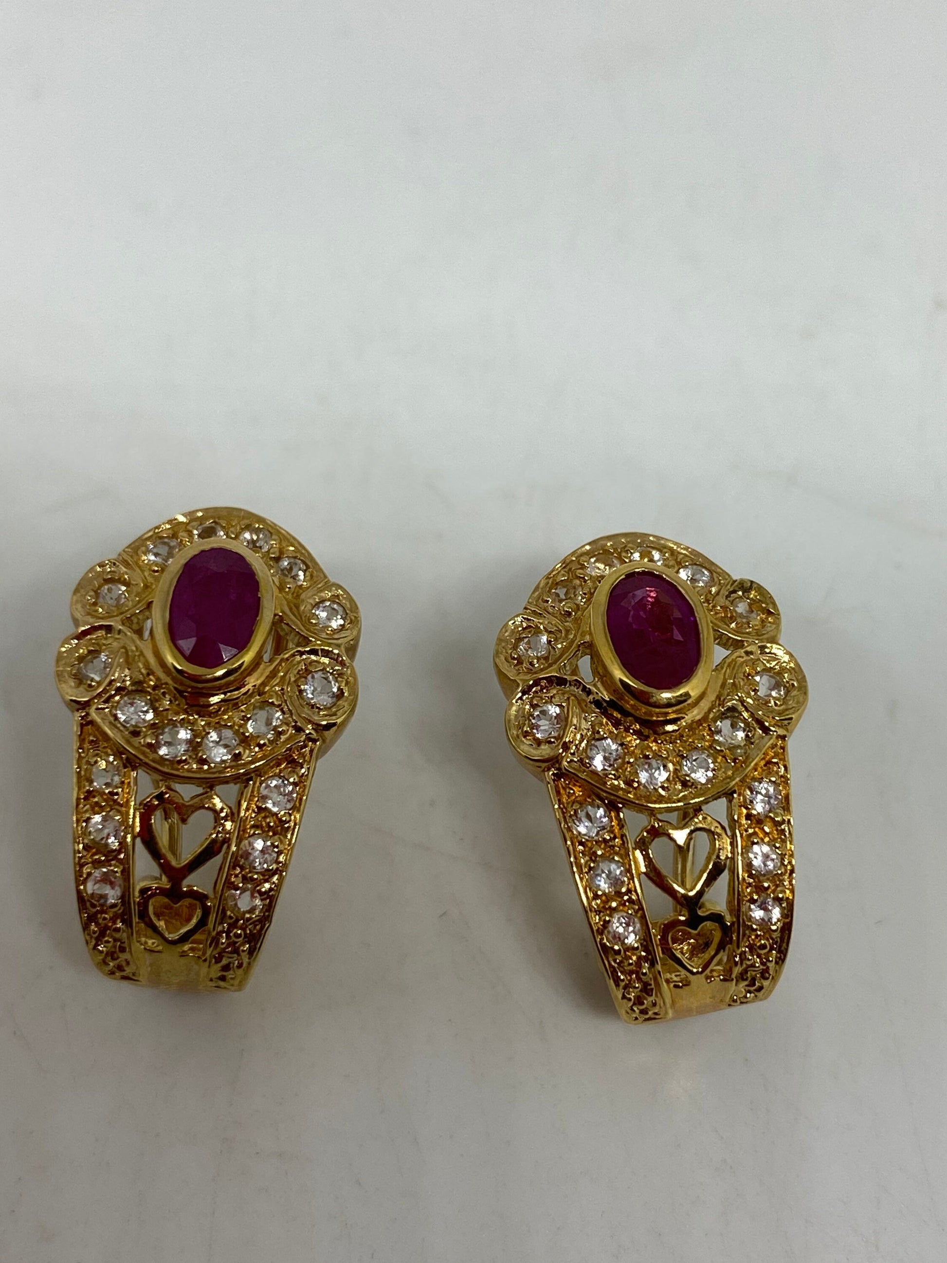 Vintage Handmade Golden Sterling Silver Deep Pink Ruby Earrings