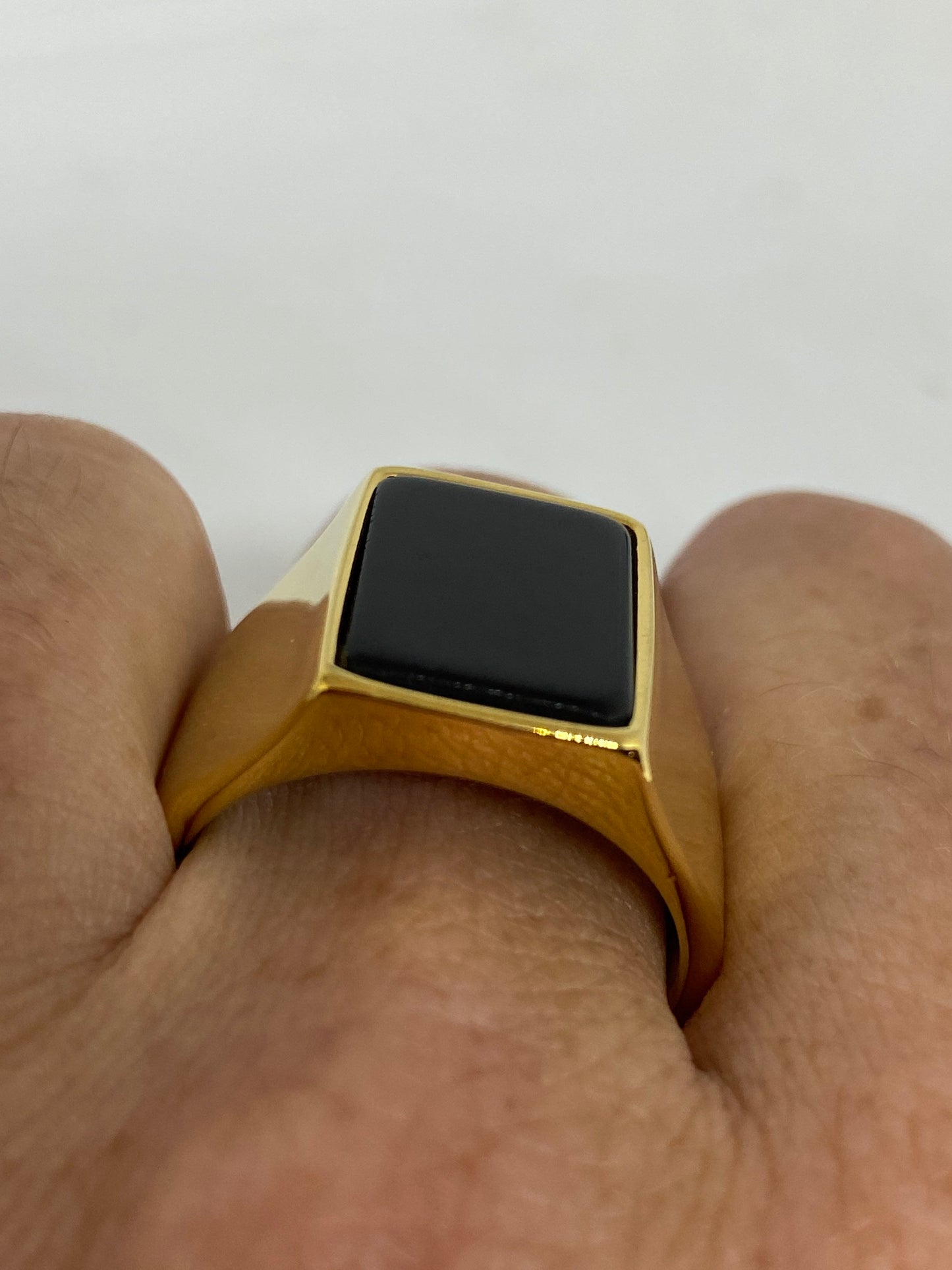 Vintage Black Onyx Golden Stainless Steel Mens Ring