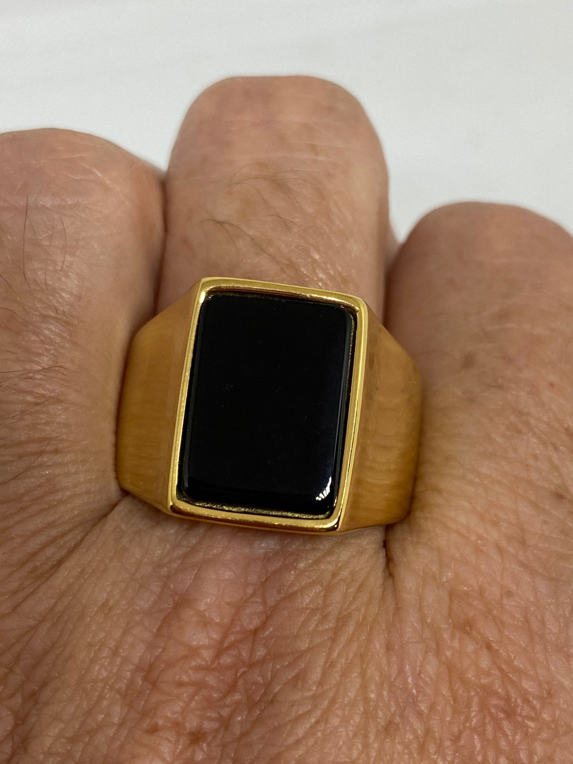 Vintage Black Onyx Golden Stainless Steel Mens Ring