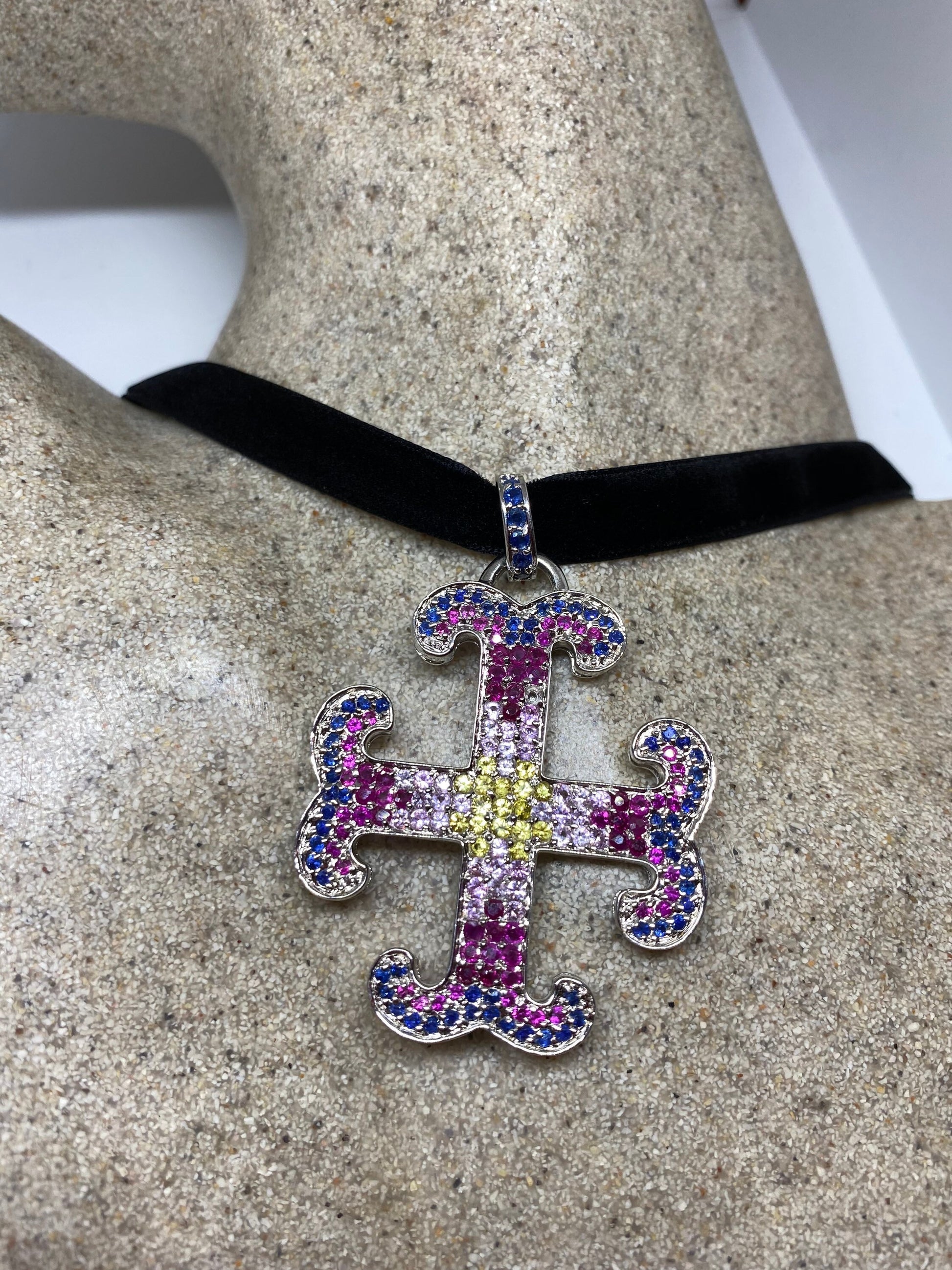 Vintage Handmade 925 Sterling Silver White Gold Finish Genuine Garnet Citrine Cross Antique Pendant Necklace