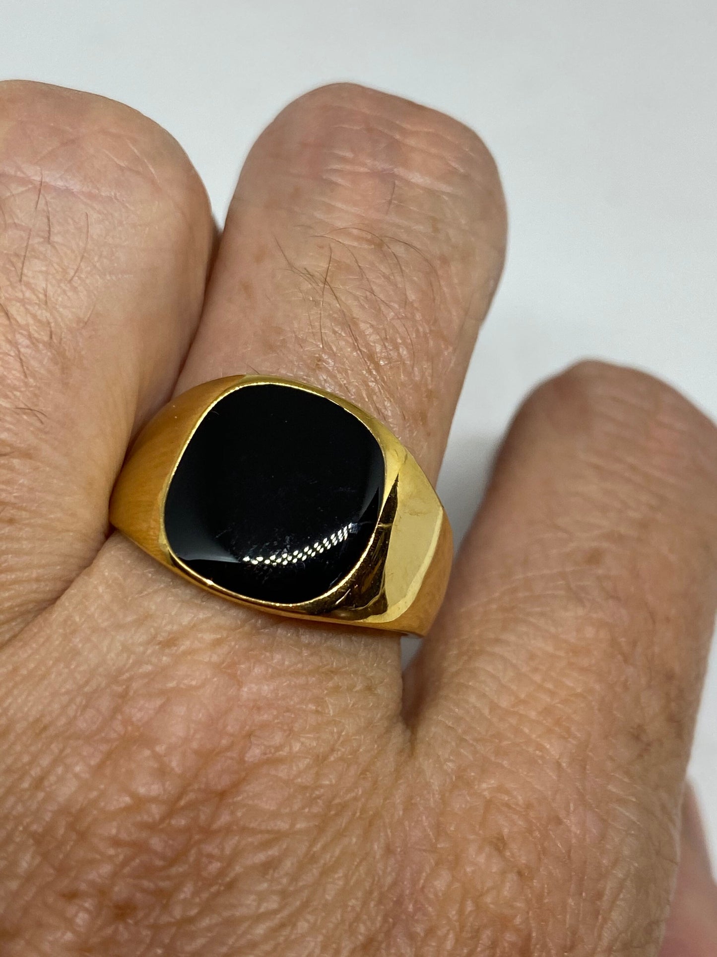 Vintage Black Onyx Golden Stainless Steel Mens Ring