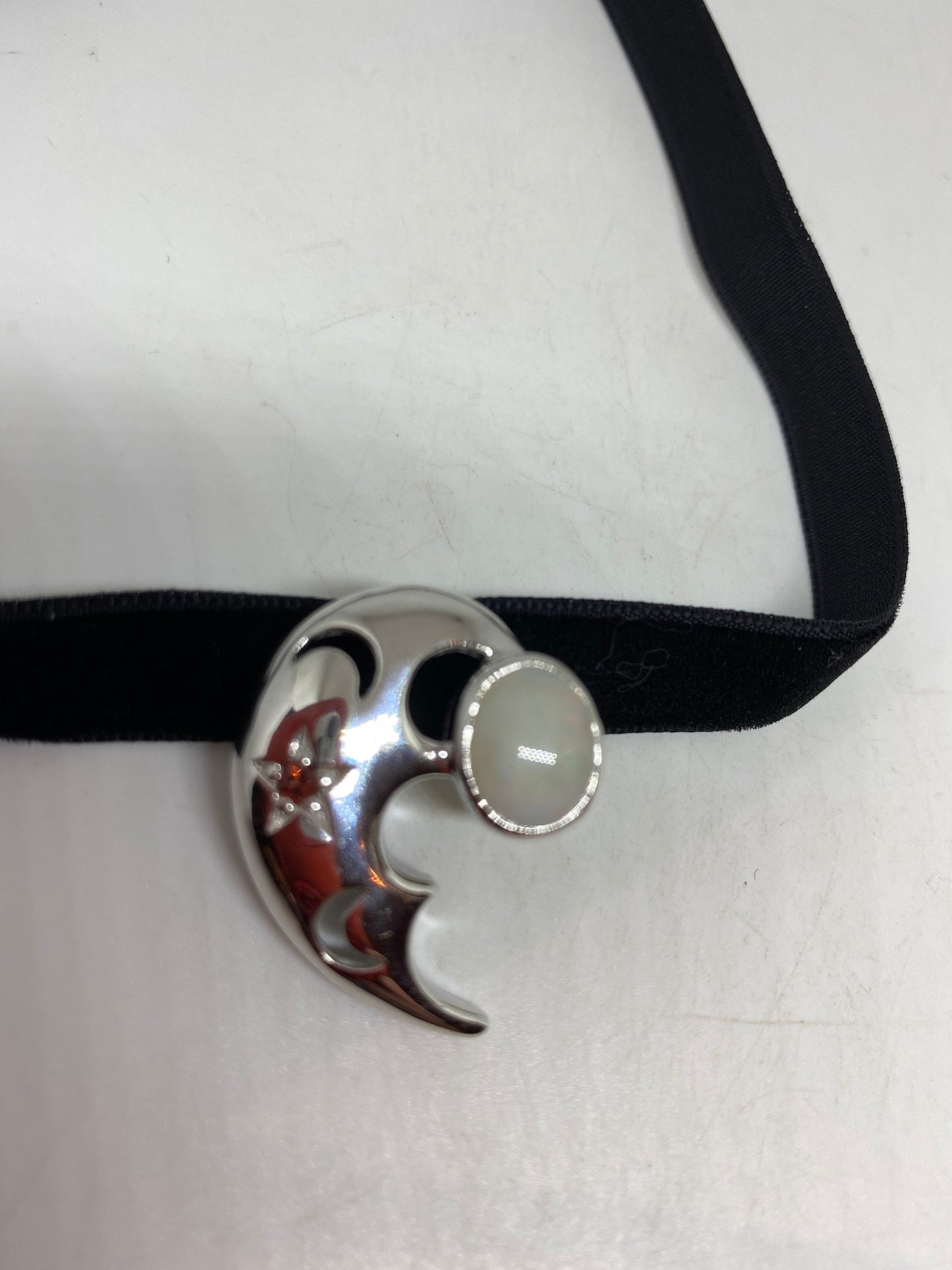 Vintage White Opal moon Choker 925 Sterling Silver Deco Pendant Necklace