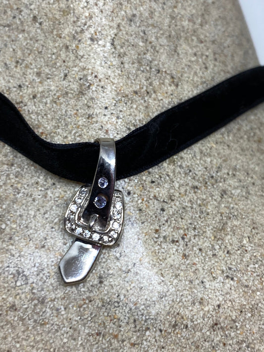 Vintage Wishbone 925 Sterling Silver White Sapphire and tanzanite Choker Necklace