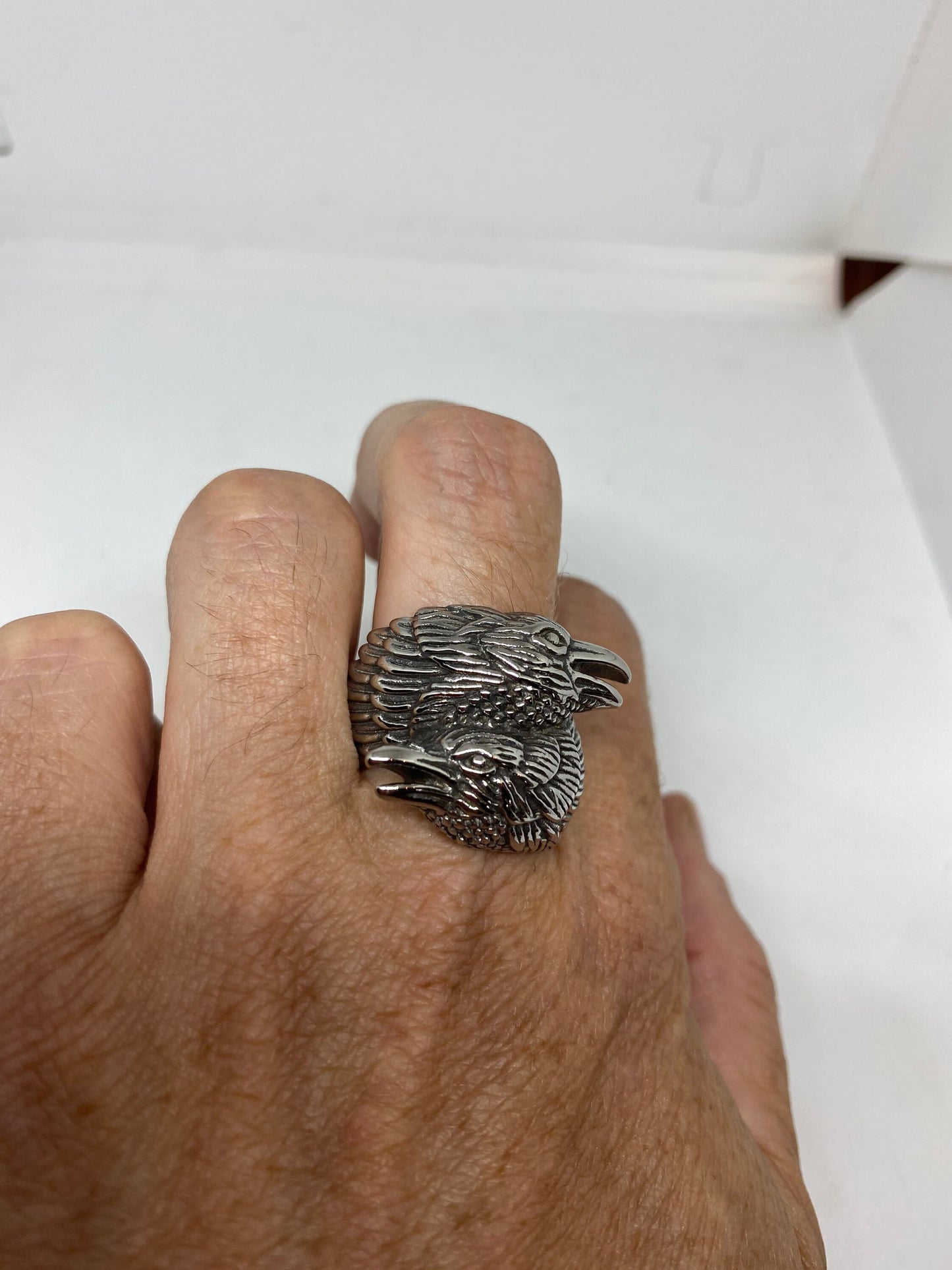Vintage Native American Style Silver Stainless Steel Mens Hawk Ring