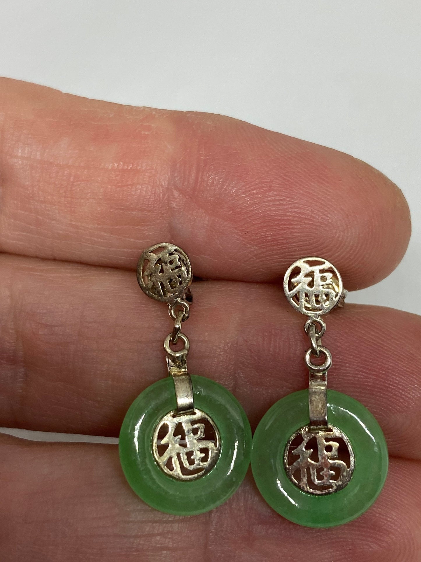 Vintage Fun Green Jade Gemstone Silver Earrings