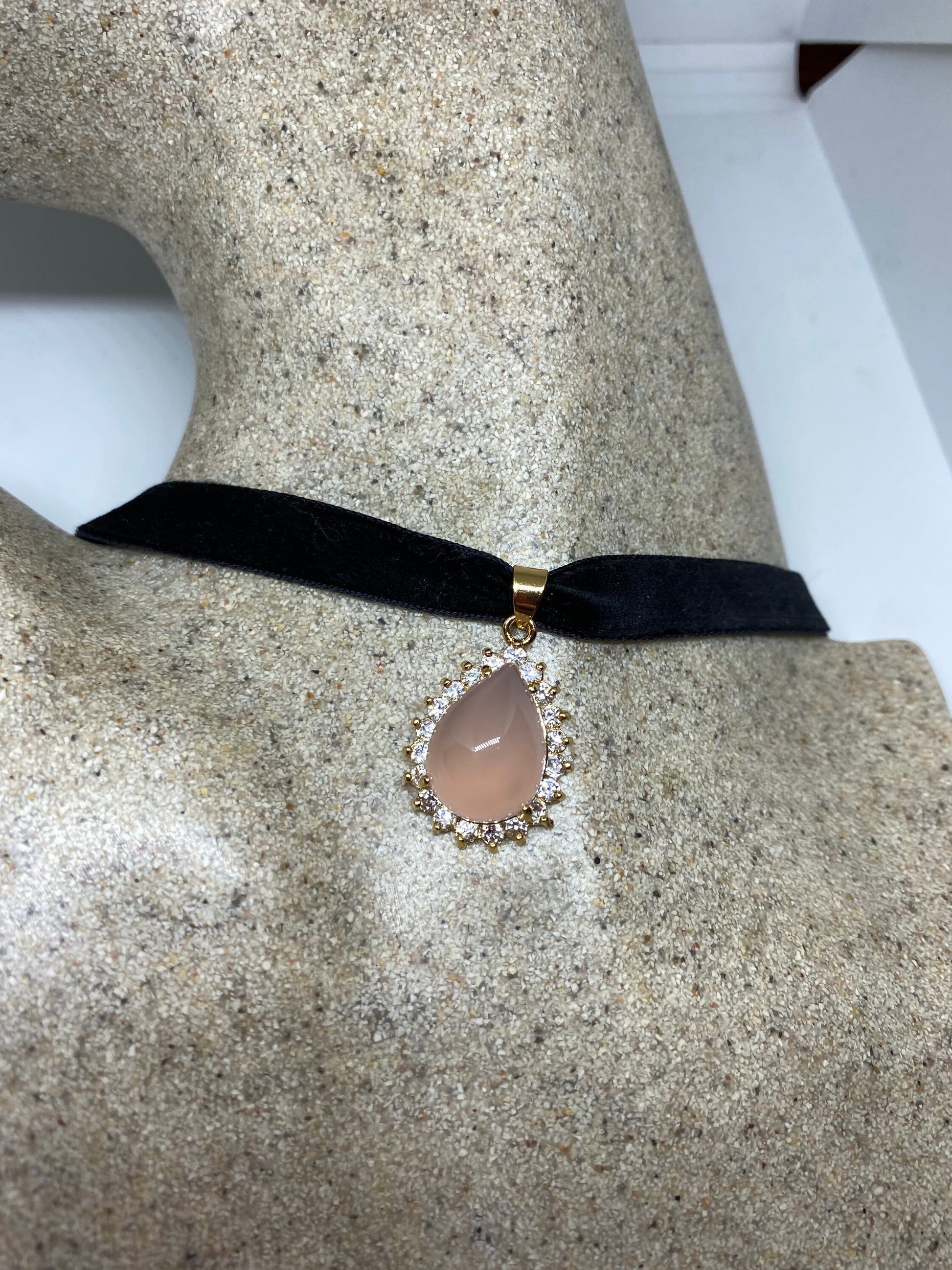 Vintage Rose Quartz Choker Gold finished Pendant Necklace