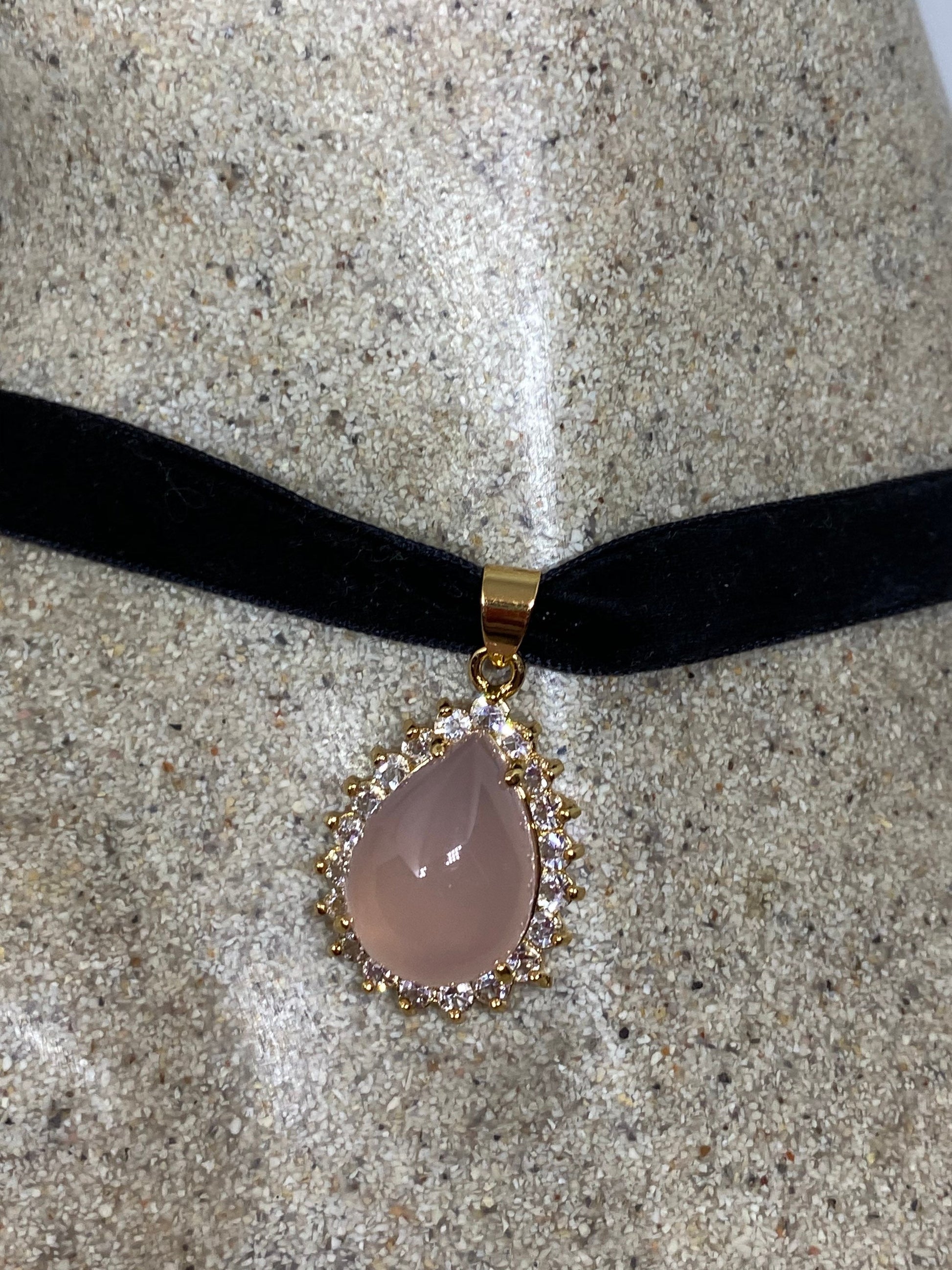 Vintage Rose Quartz Choker Gold finished Pendant Necklace
