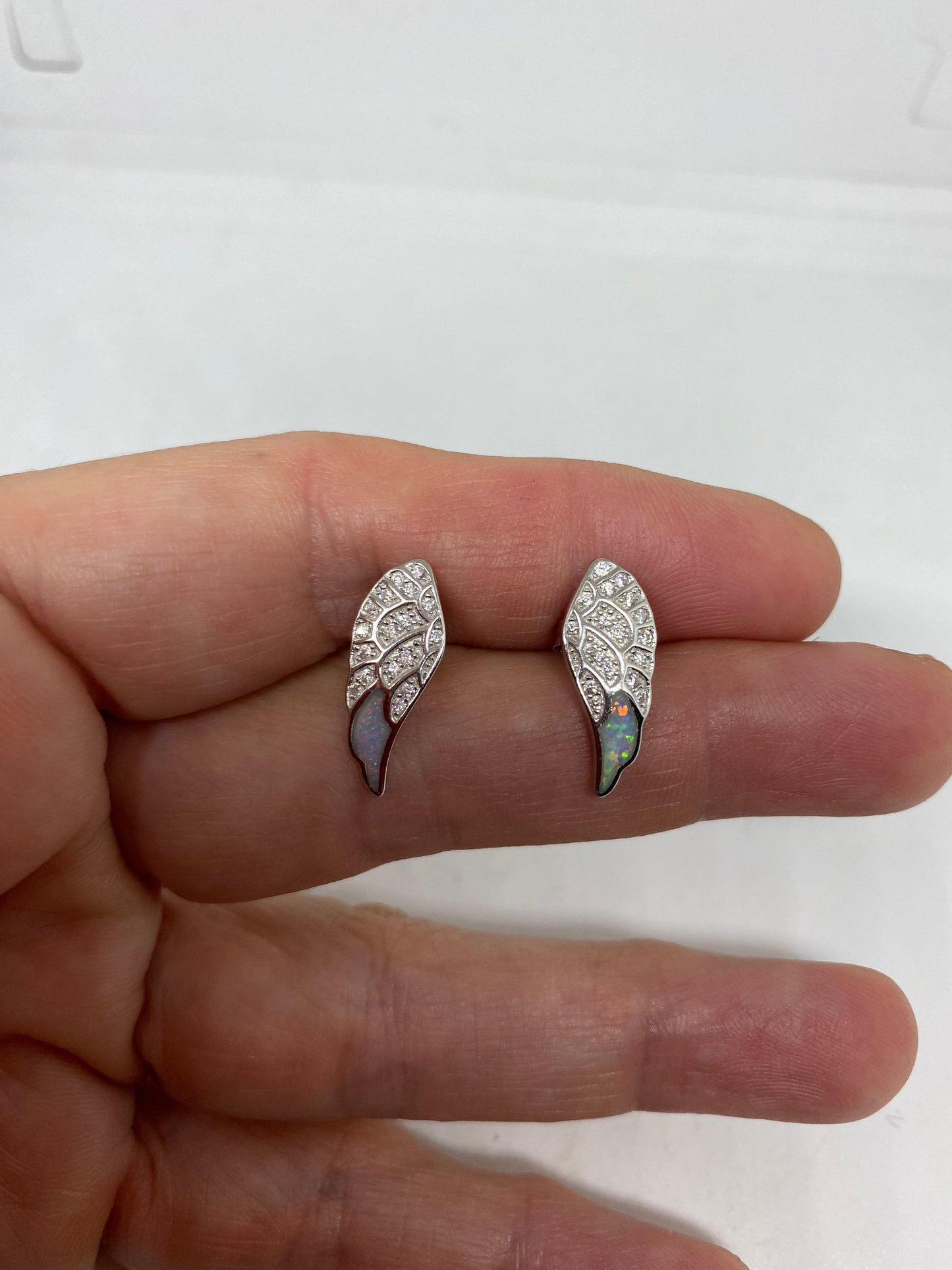 Vintage Opal Wing Earrings 925 Sterling Silver Stud Button