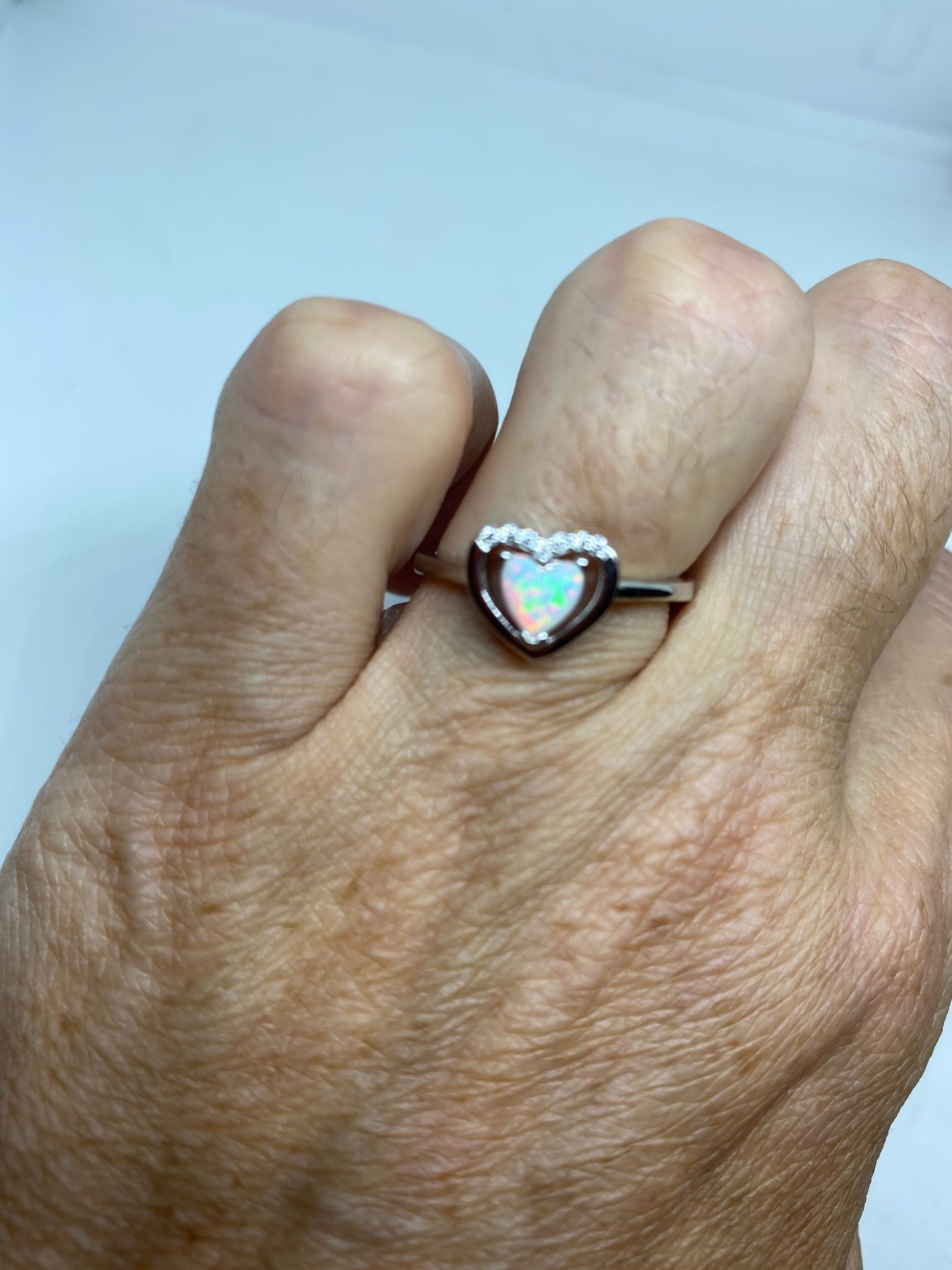 Vintage Ethiopian Opal Heart Band 925 Sterling Silver Band Ring