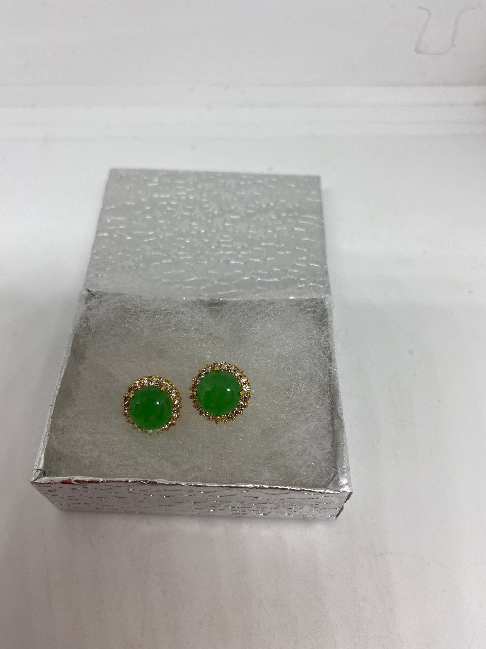 Vintage Fun Green Jade Gemstone Gold Rhodium Bronze Stud Earrings