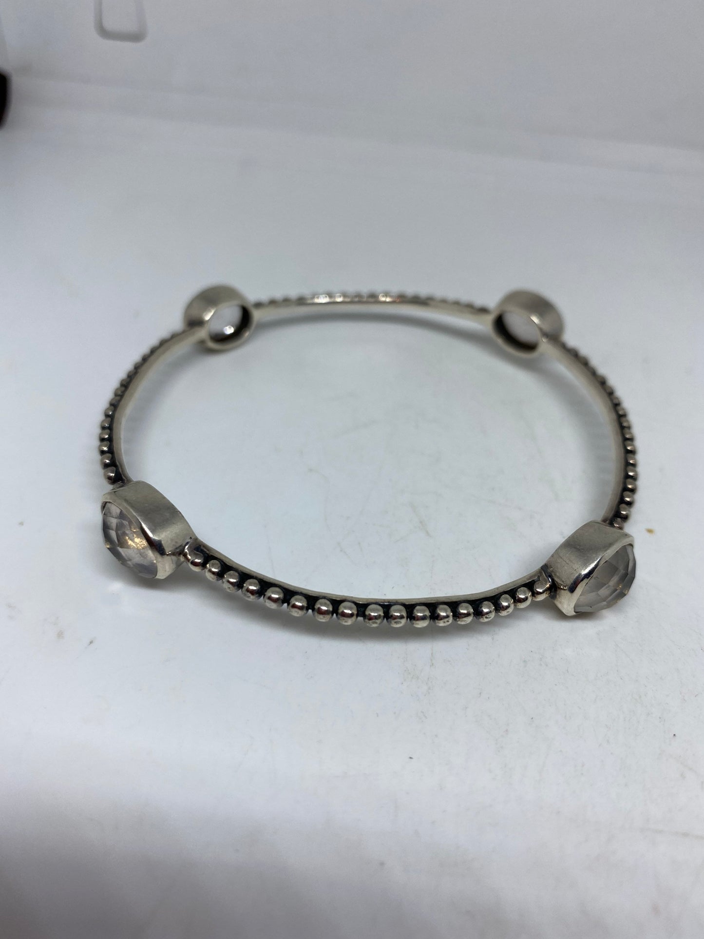Vintage Clear Quartz 925 Sterling Silver Deco Bangle Bracelet