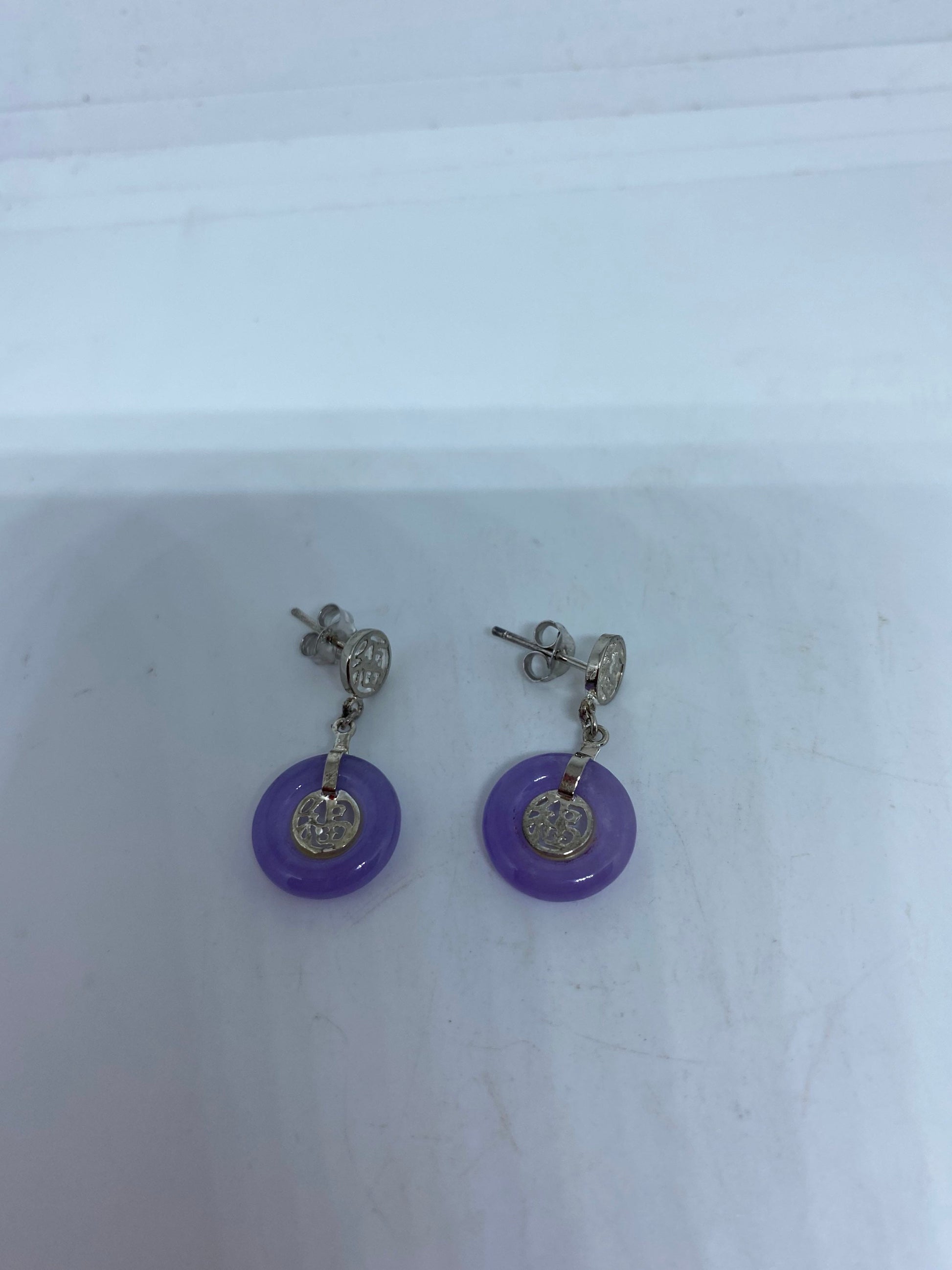 Vintage Genuine Purple Jade Gemstone Silver Earrings