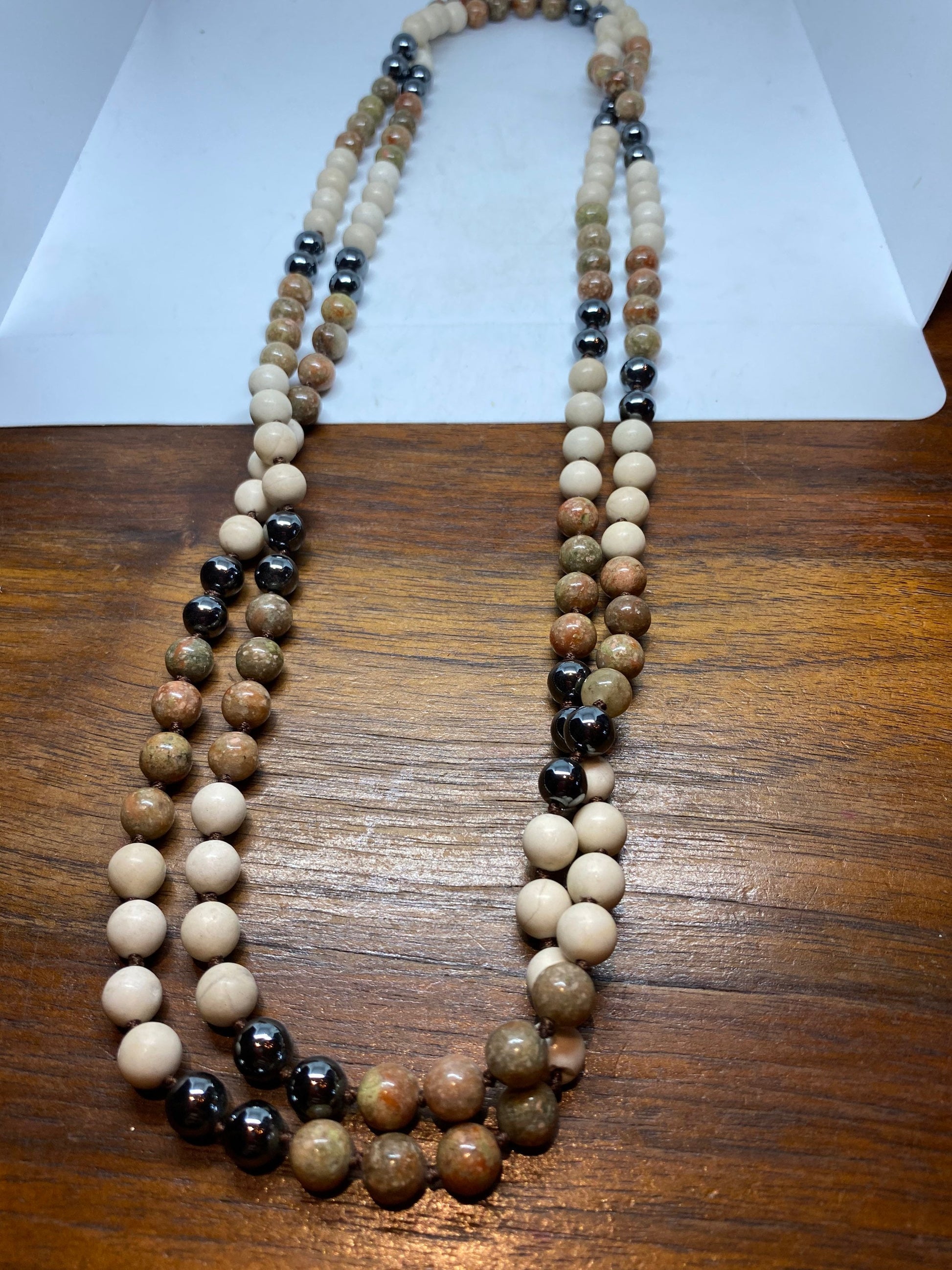60 Inch Hand Knoted Vintage Hematite Jasper beaded Necklace