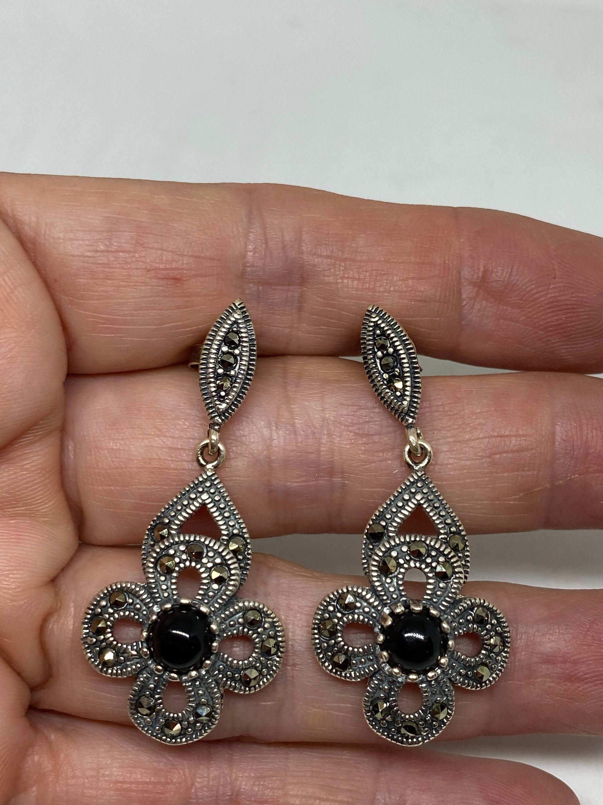 Vintage Marcasite 925 Sterling Silver Dangle Earrings