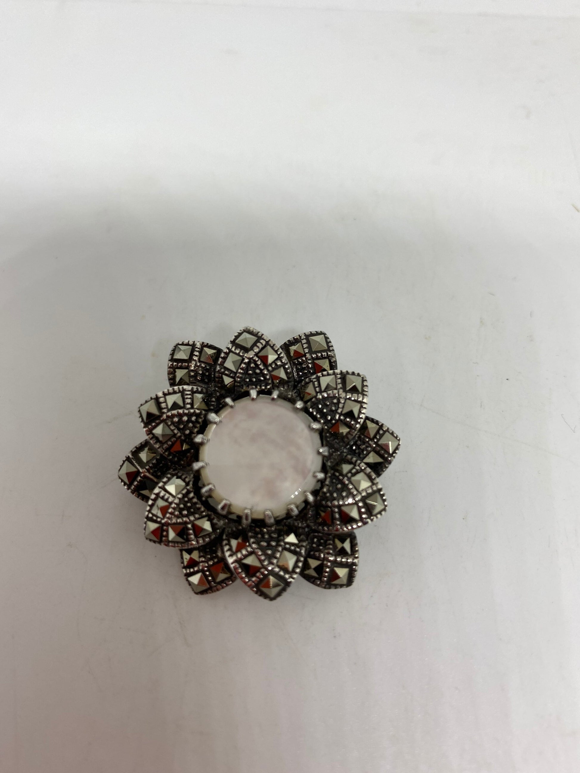 Vintage Mother of Pearl Pin Marcasite 925 Sterling Silver Flower Brooch
