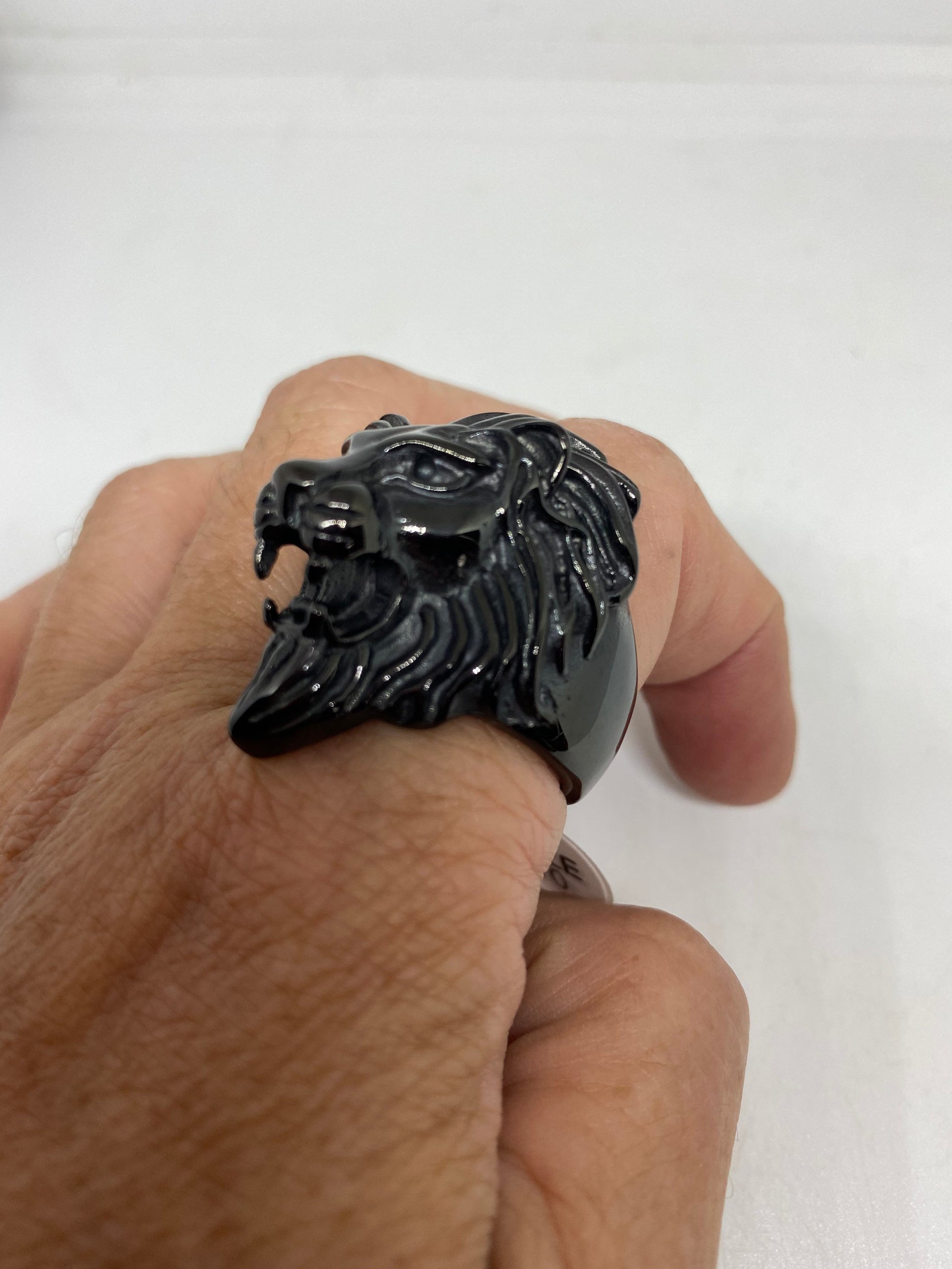Vintage Gothic Black Rhodium Finished Stainless Steel Lion Head Leo Men Ring