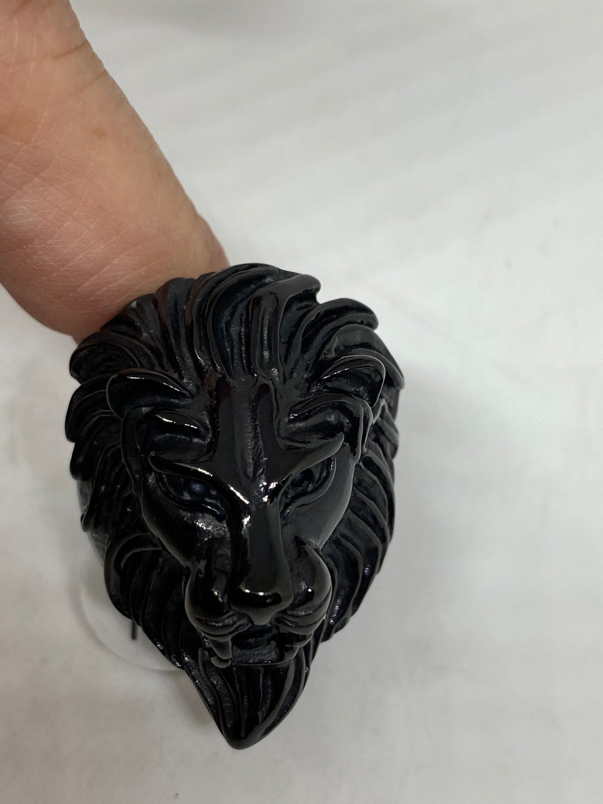 Vintage Gothic Black Rhodium Finished Stainless Steel Lion Head Leo Men Ring