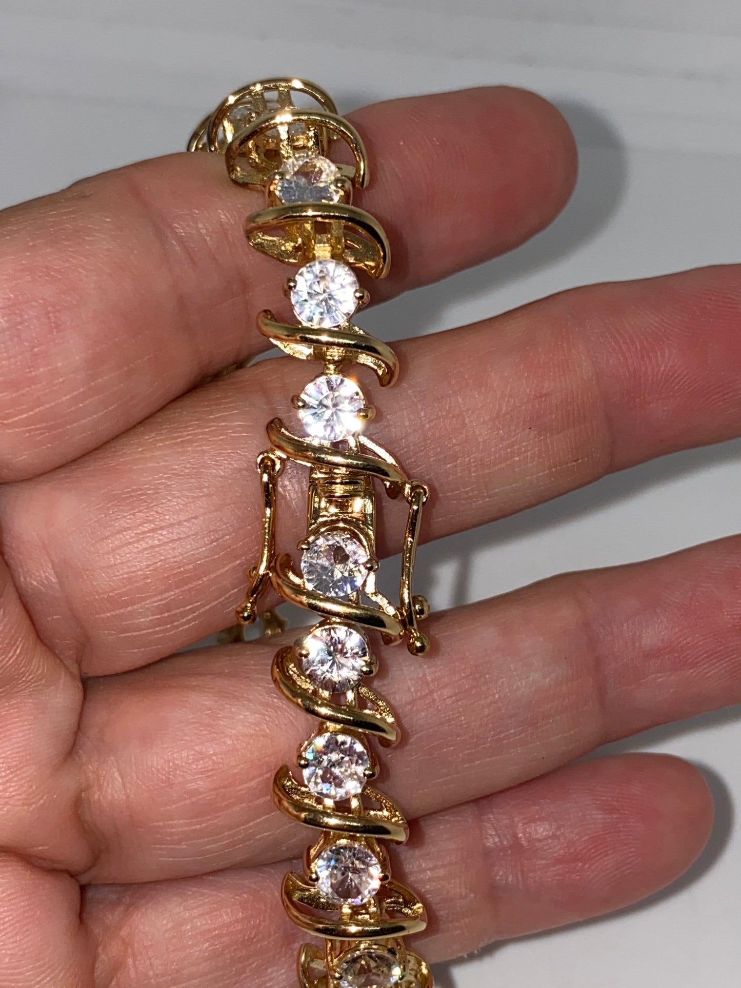 Vintage White Sapphires Gold 925 Sterling Silver Tennis Bracelet
