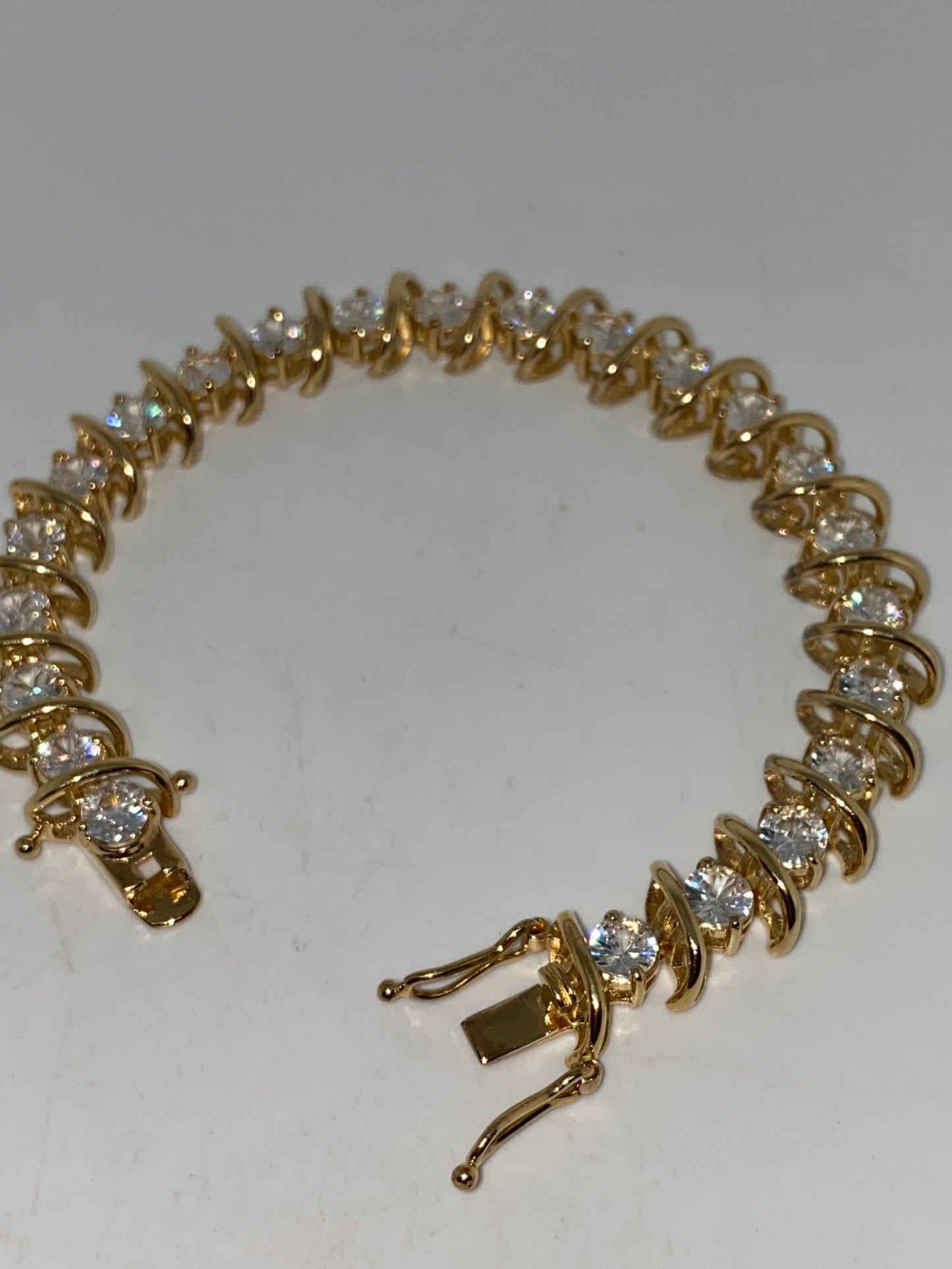 Vintage White Sapphires Gold 925 Sterling Silver Tennis Bracelet