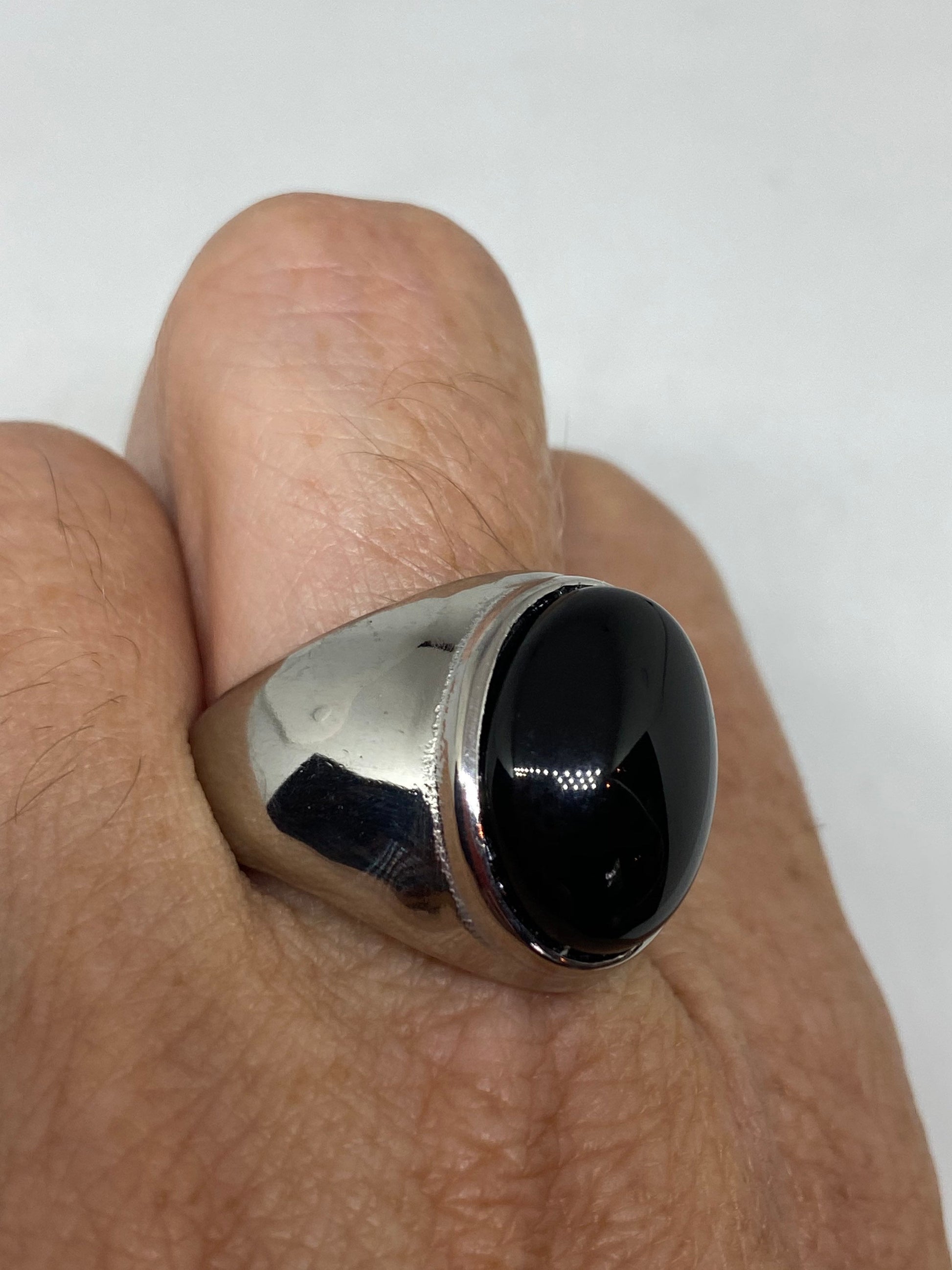 Vintage Black Onyx Stainless Steel Mens Ring