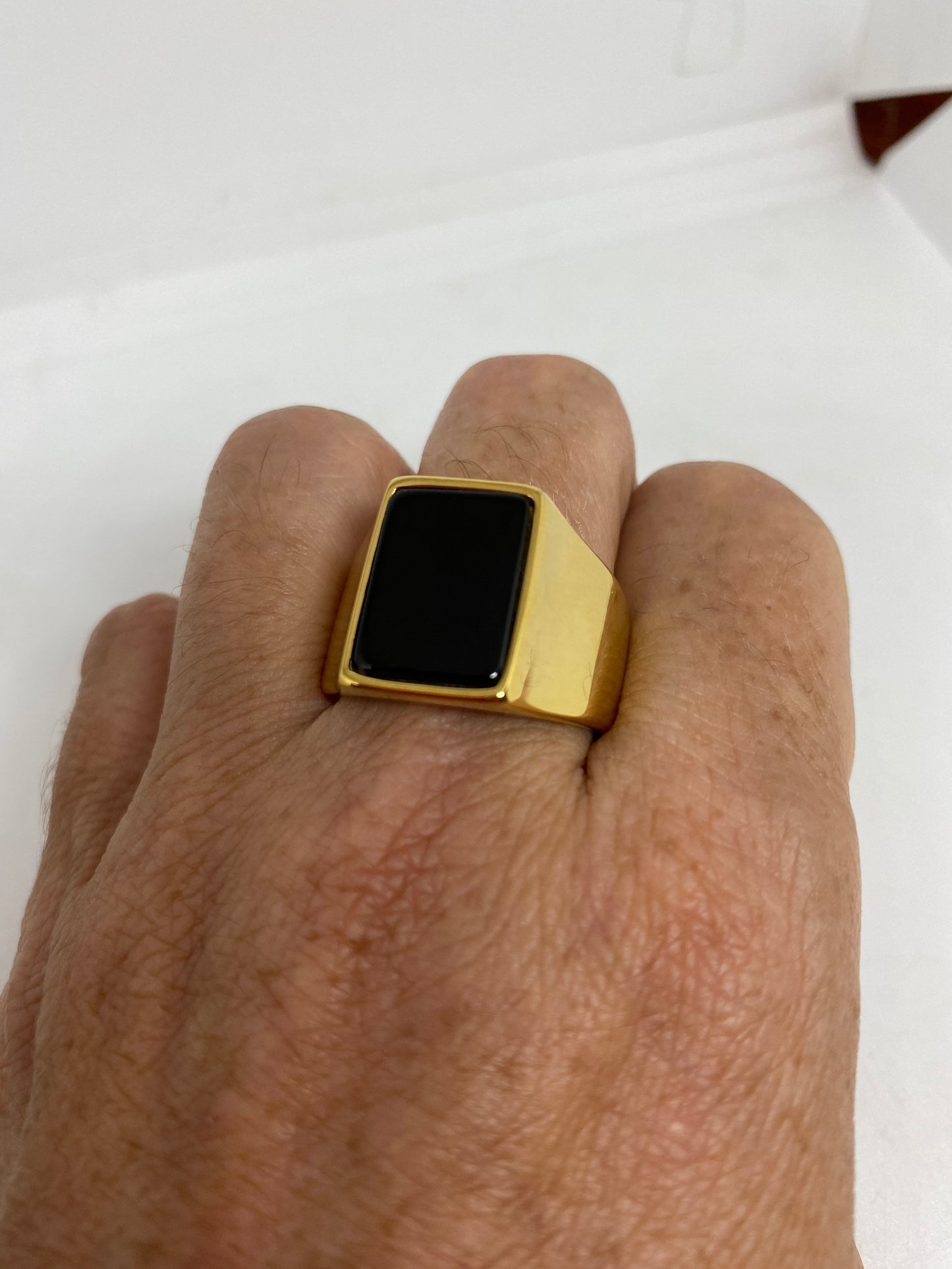 Vintage Black Onyx Golden Stainless Steel Mens Ring