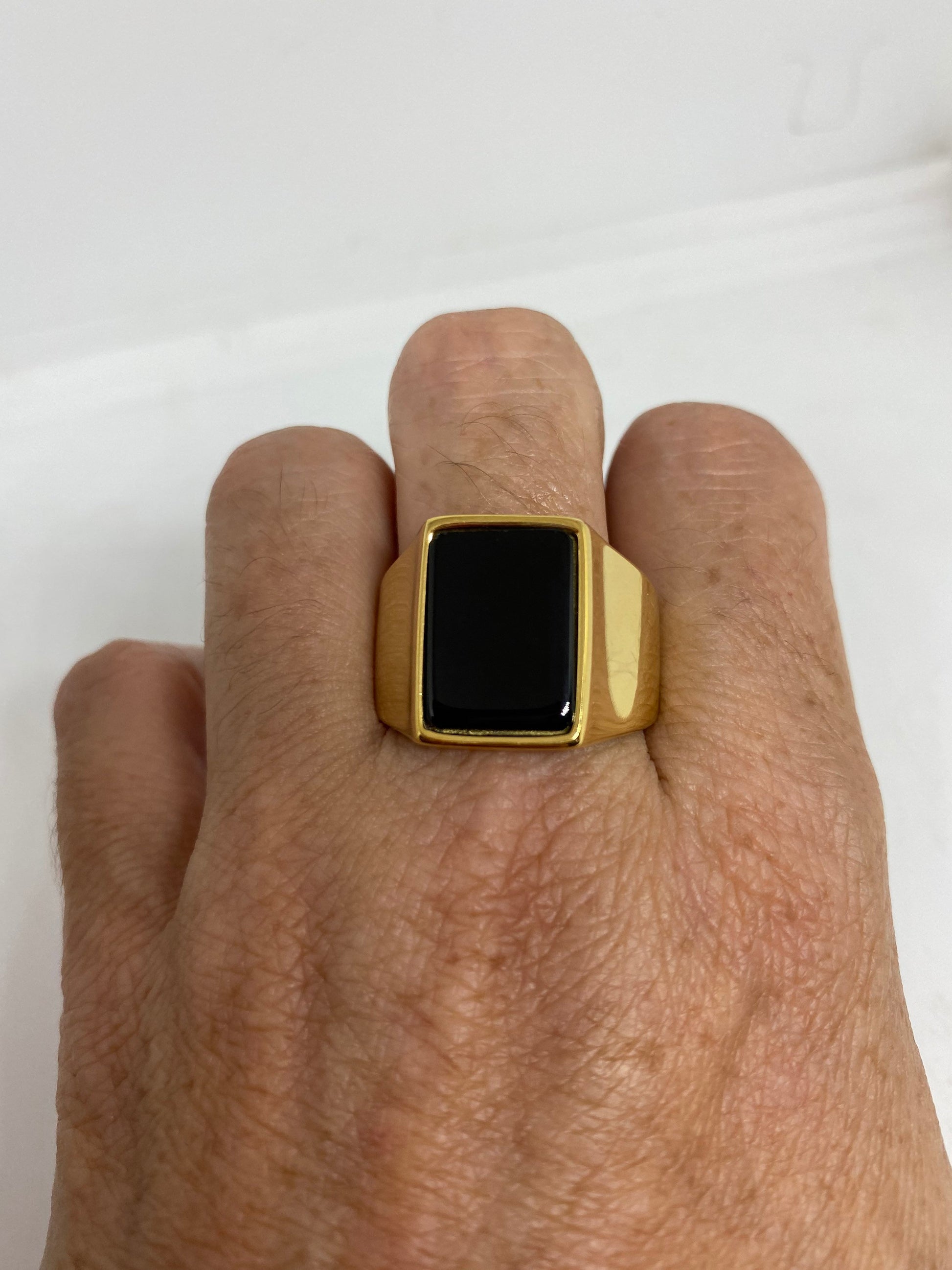 Vintage Black Onyx Golden Stainless Steel Mens Ring