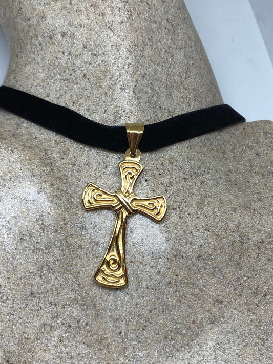 Vintage Celtic Golden Stainless Steel Cross Pendant Necklace