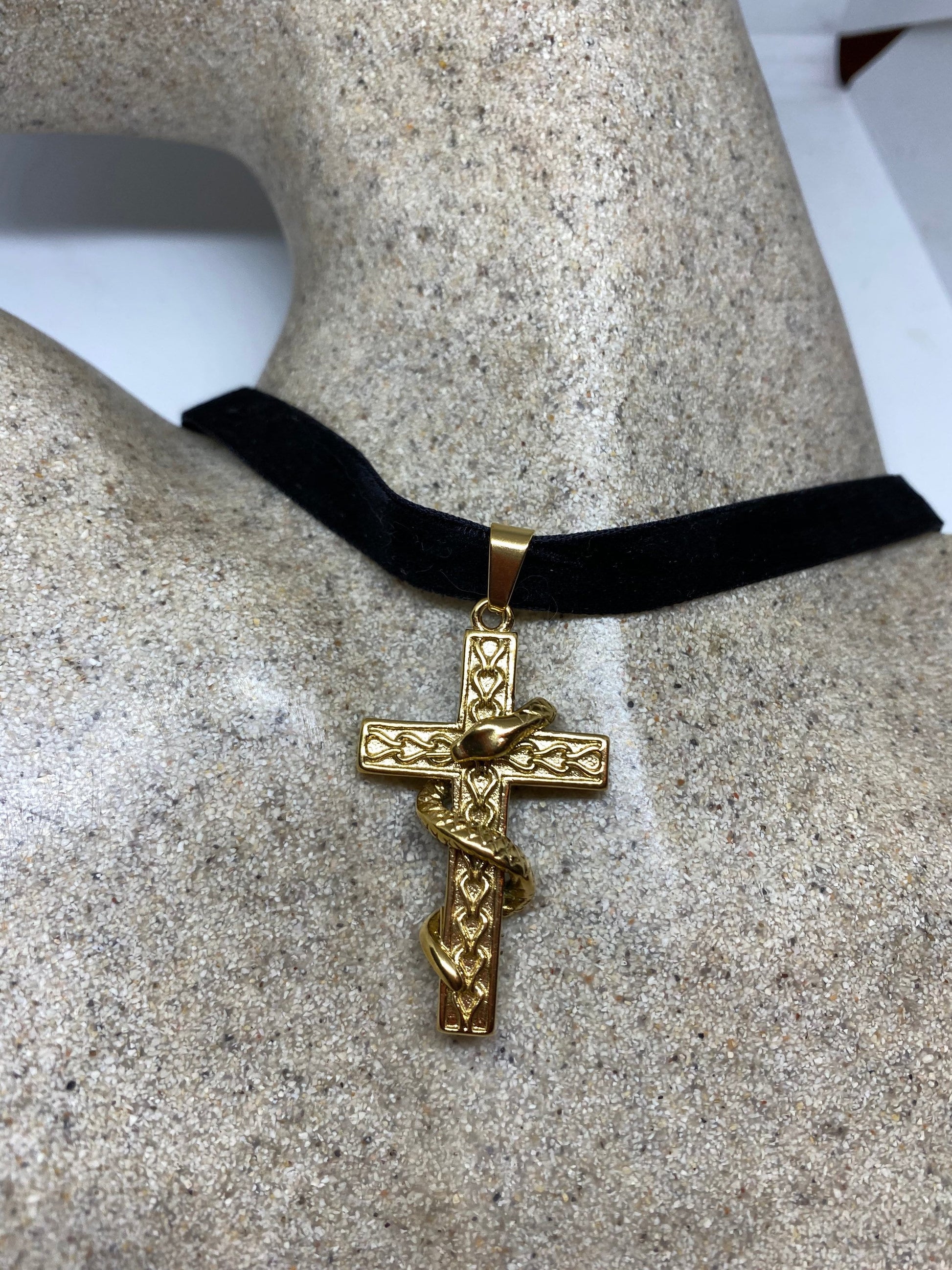 Vintage Celtic Snake Golden Stainless Steel Cross Pendant Necklace