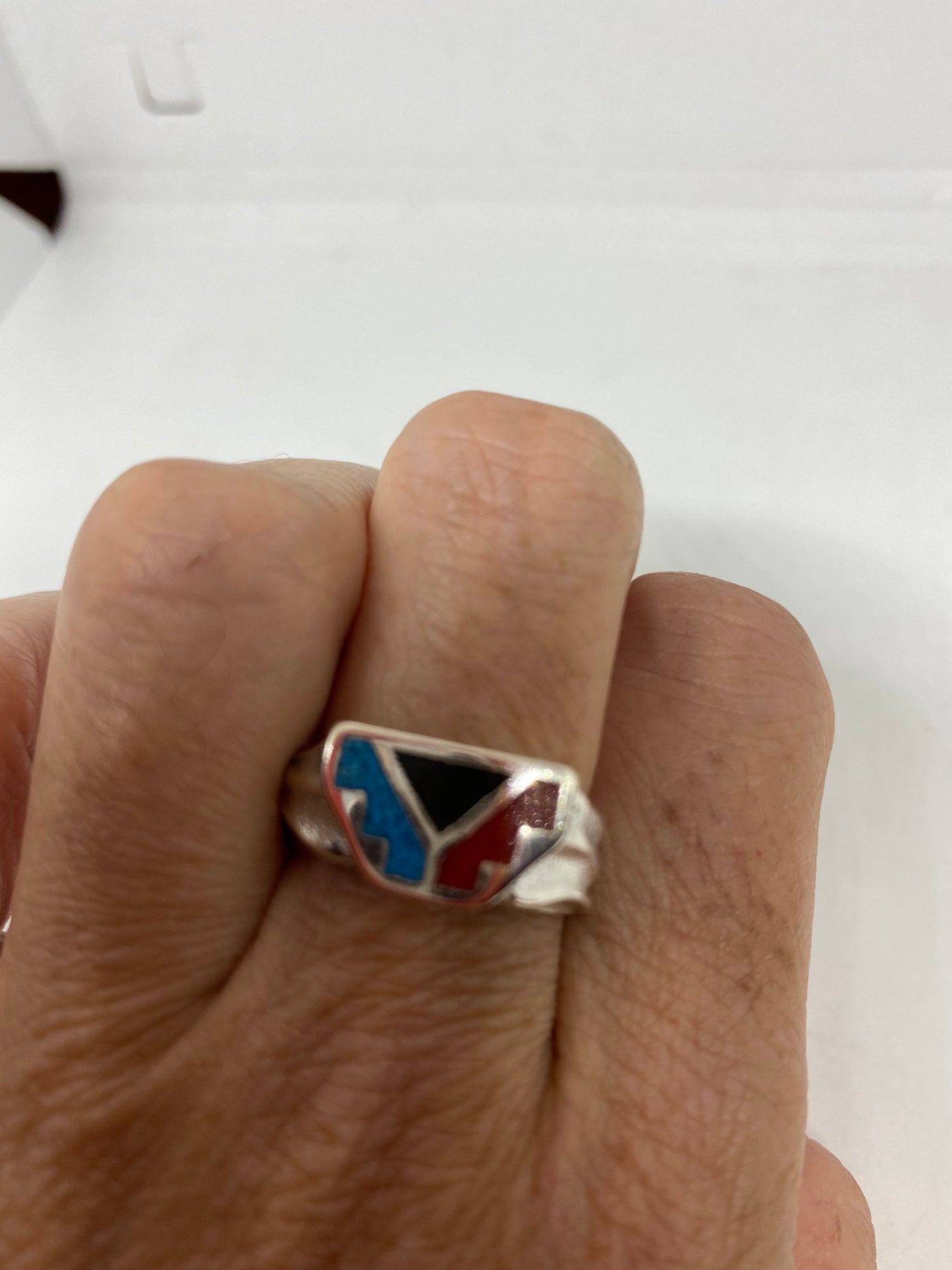 Vintage Native American Style Southwestern Turquoise Inlay Mens Ring