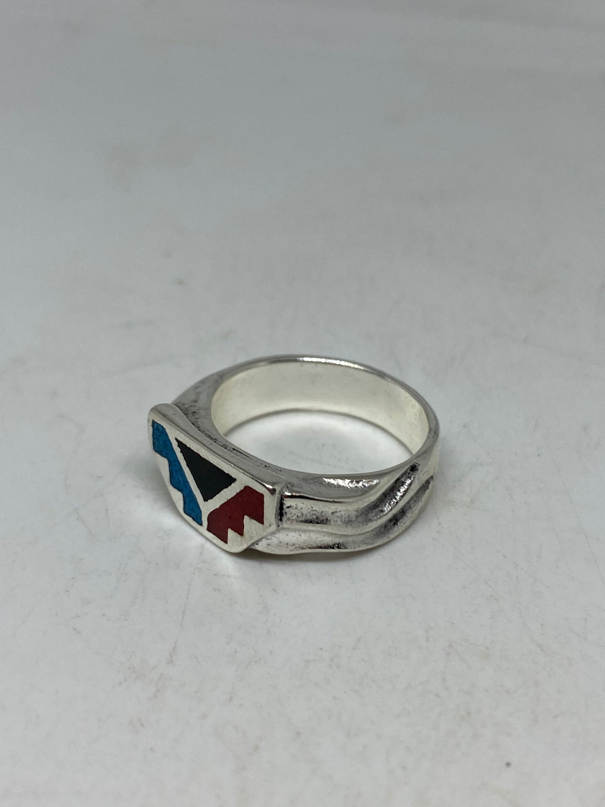 Vintage Native American Style Southwestern Turquoise Inlay Mens Ring