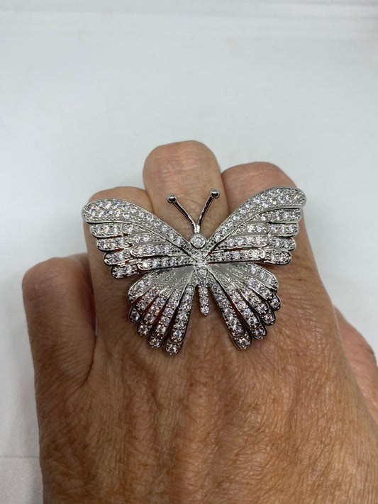 Vintage Butterfly Ring White Gold filled Deco Cocktail
