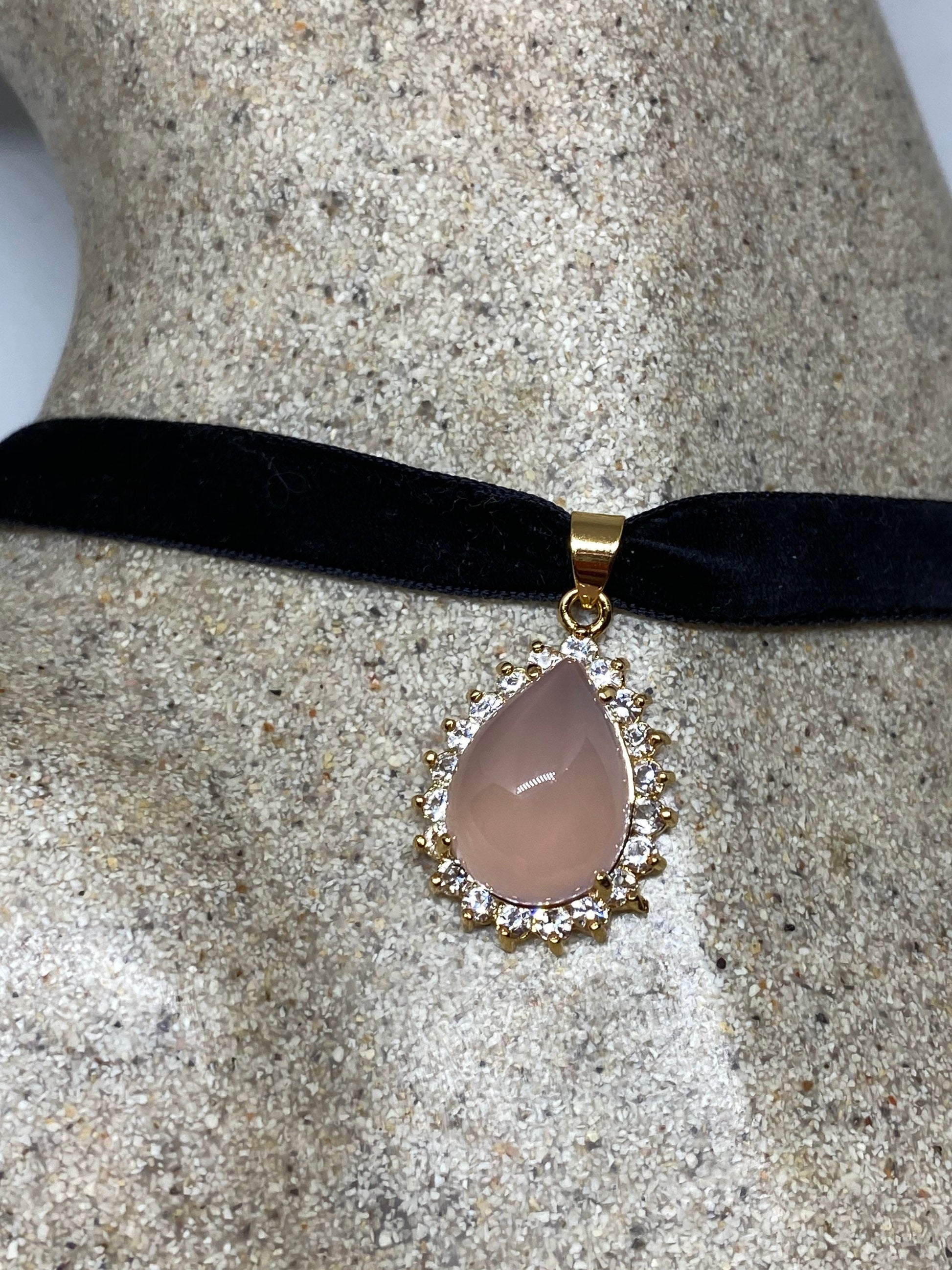 Vintage Rose Quartz Choker Gold finished Pendant Necklace
