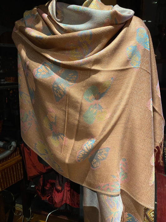 Nemesis Vintage Pastel Gold Paisley Brocade Pashmina Scarf Wrap