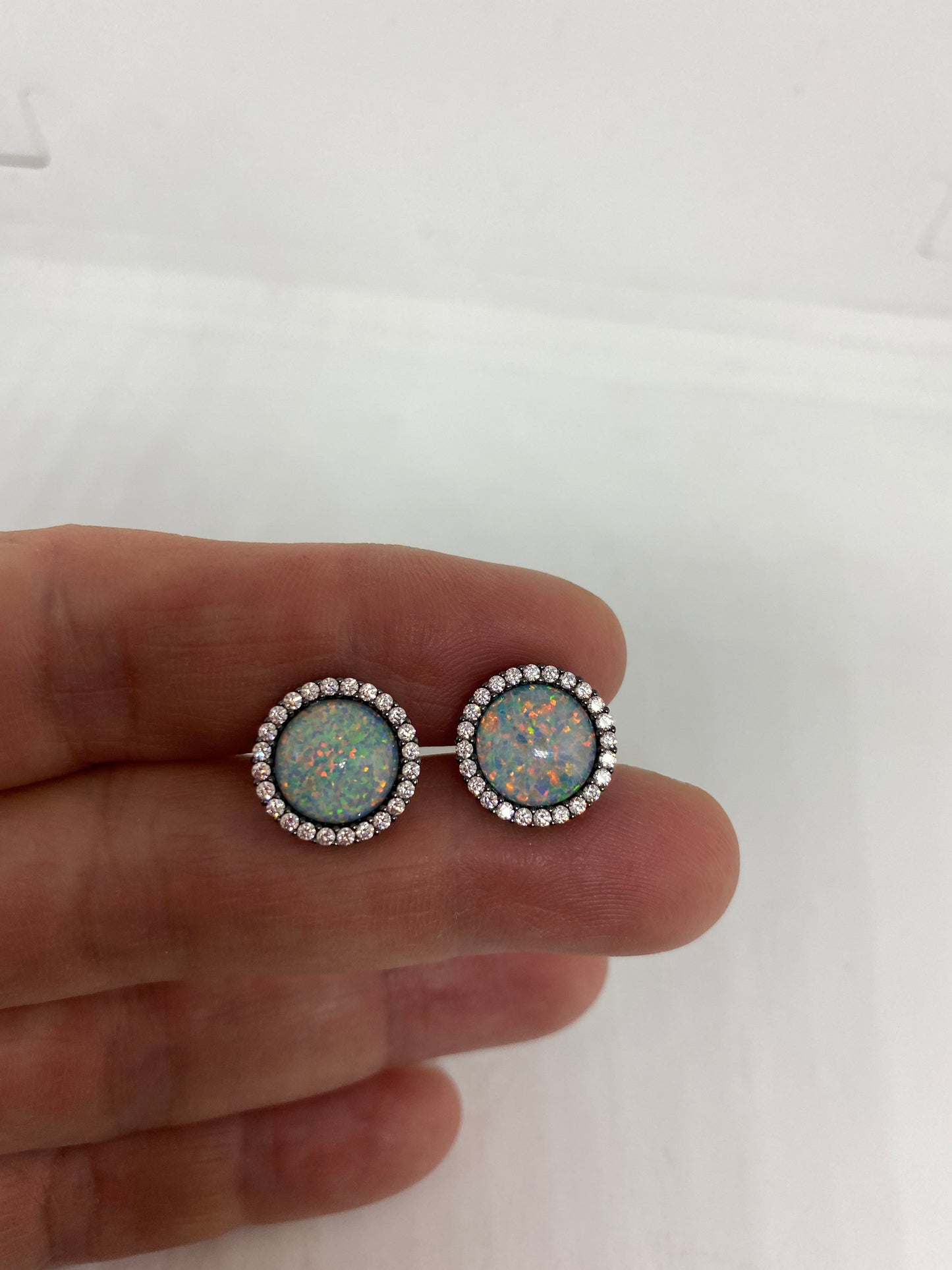 Vintage Blue Opal Earrings 925 Sterling Silver Stud Button