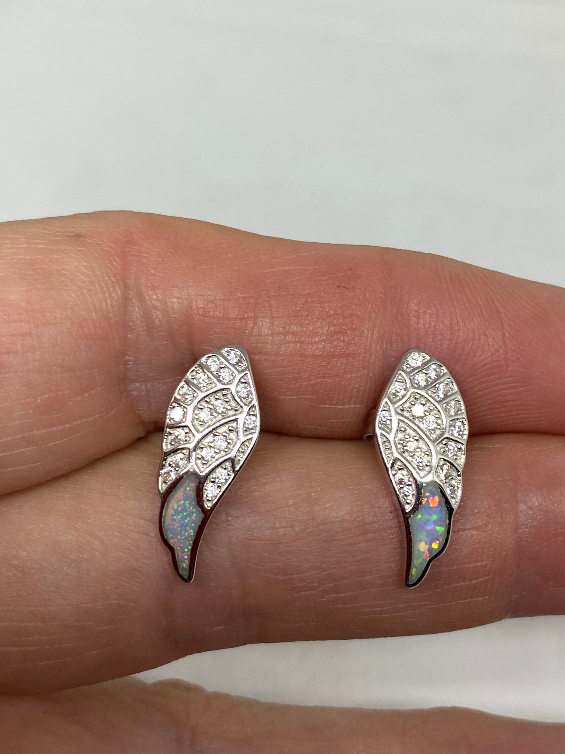 Vintage Opal Wing Earrings 925 Sterling Silver Stud Button