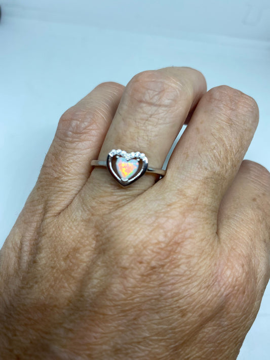 Vintage Ethiopian Opal Heart Band 925 Sterling Silver Band Ring