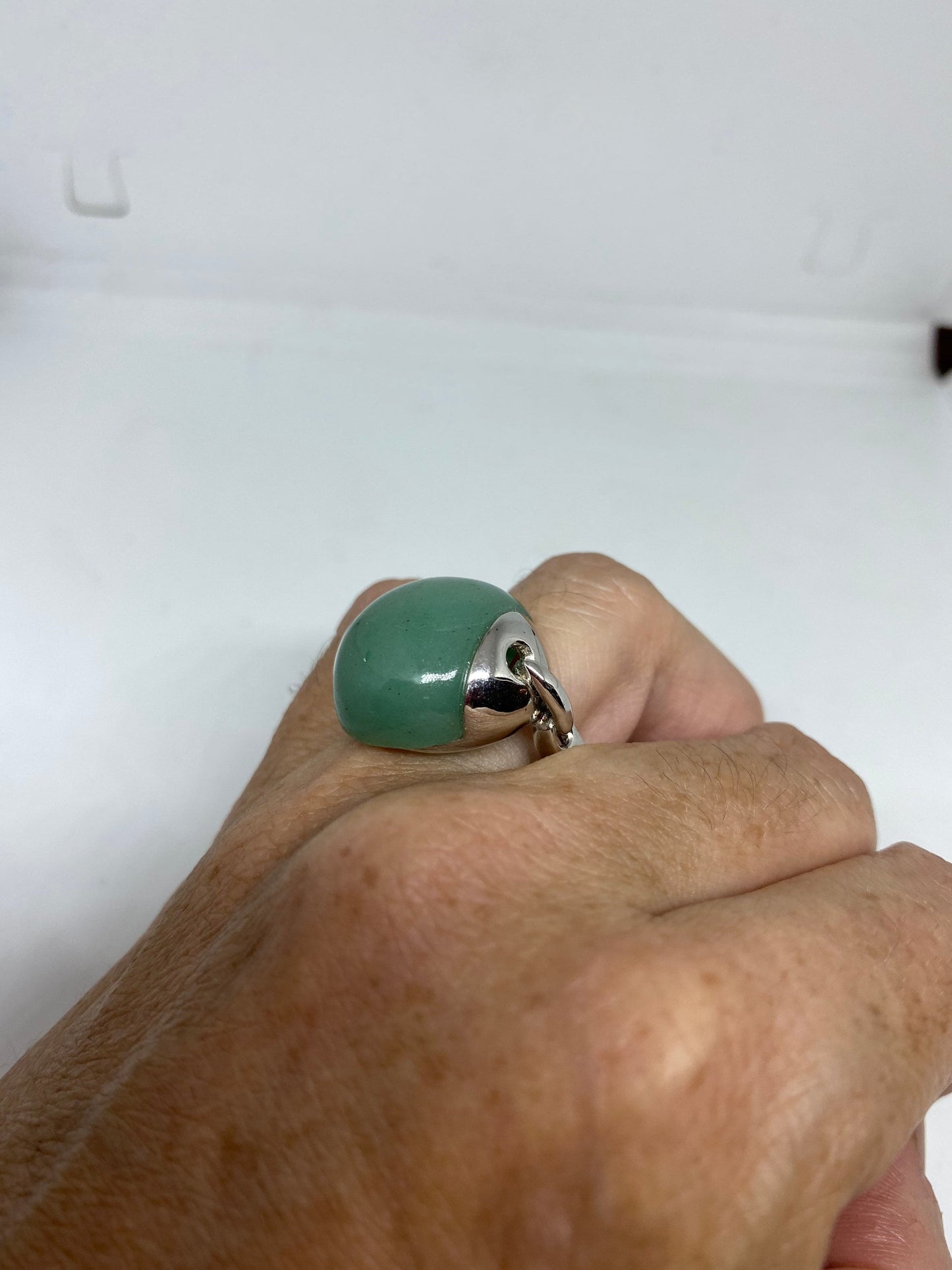 Vintage Green Jade Ring Nephrite 925 Sterling Silver Cocktail Size 9.5