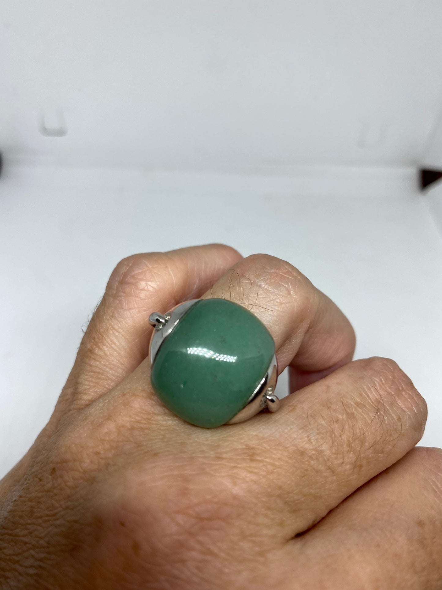 Vintage Green Jade Ring Nephrite 925 Sterling Silver Cocktail Size 9.5