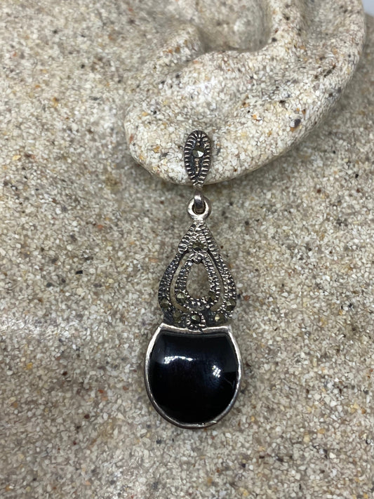 Vintage Genuine Marcasite 925 Sterling Silver Filligree Black Onyx Dangle Earrings