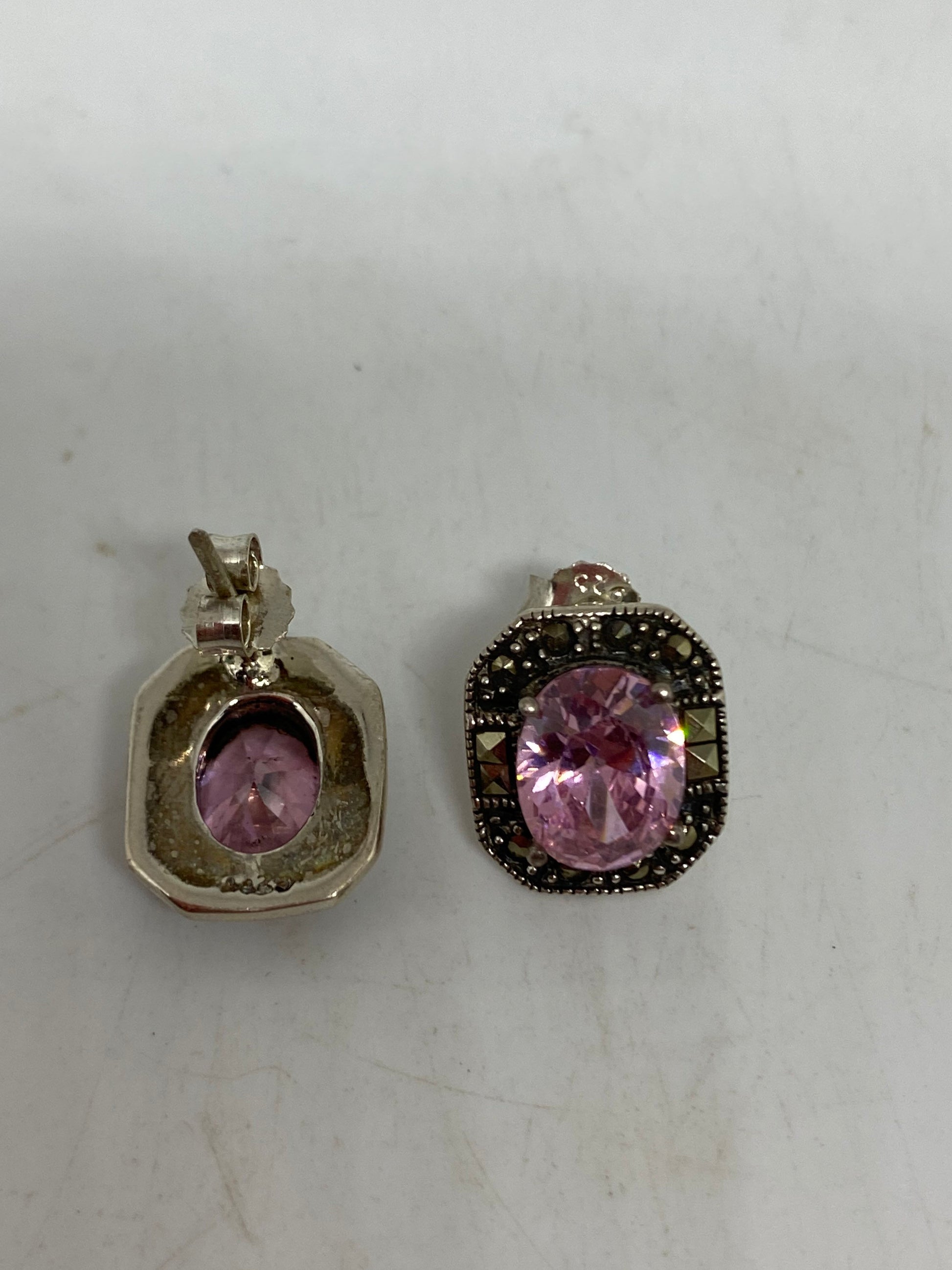 Vintage Earrings Marcasite Pink Ice 925 Sterling Silver Deco Button