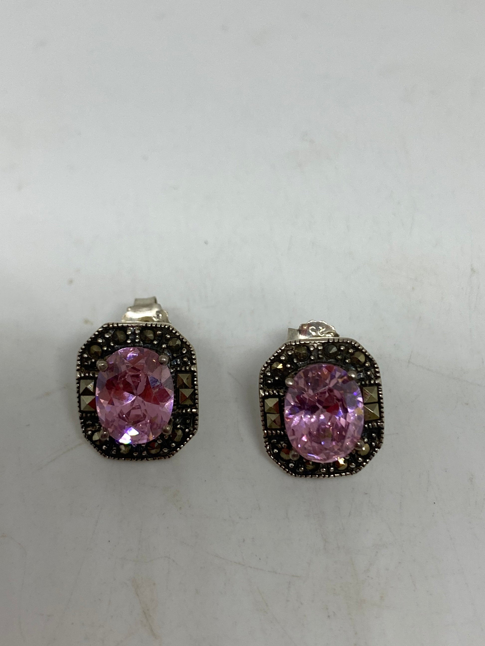 Vintage Earrings Marcasite Pink Ice 925 Sterling Silver Deco Button