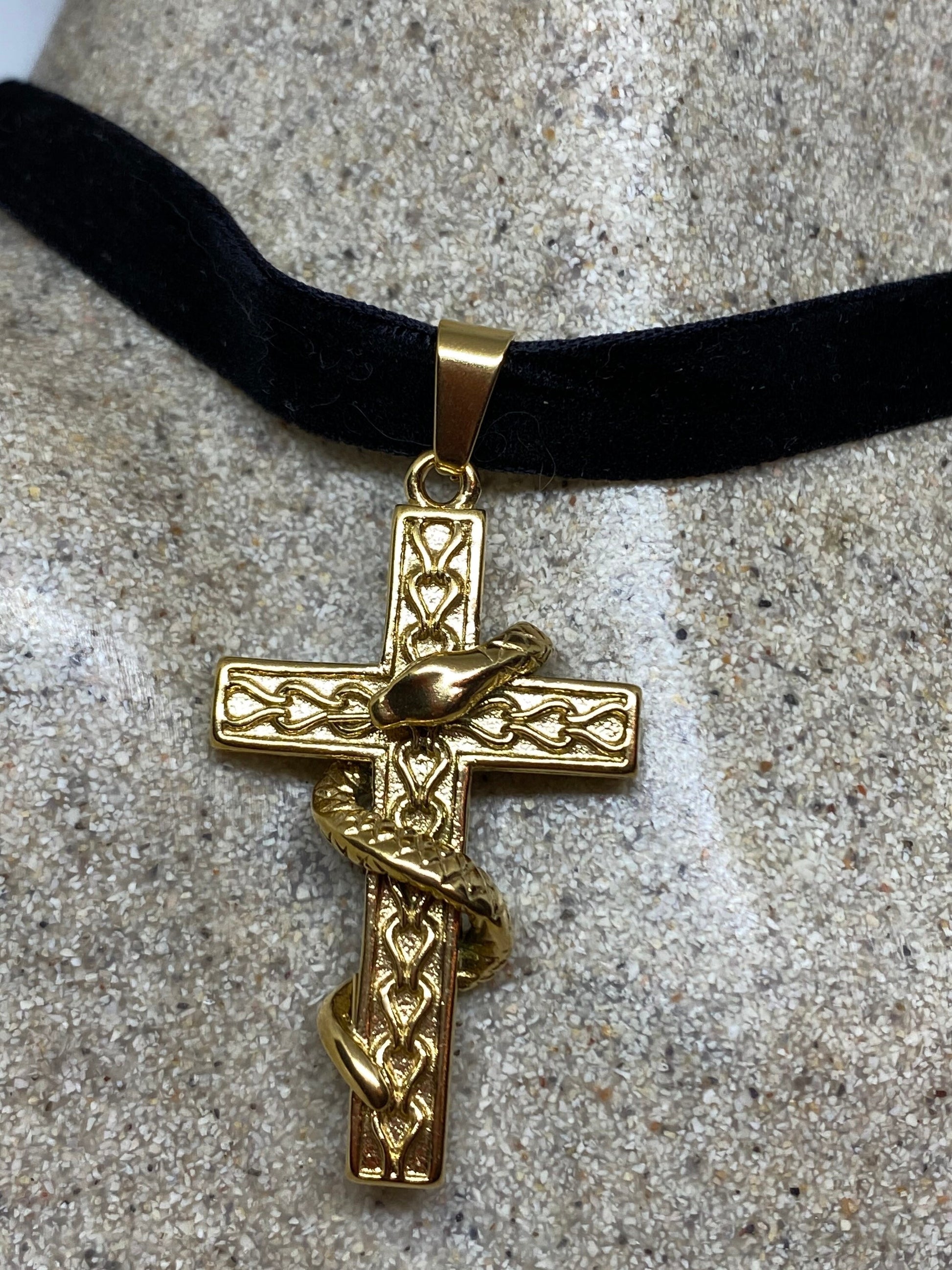 Vintage Celtic Snake Golden Stainless Steel Cross Pendant Necklace