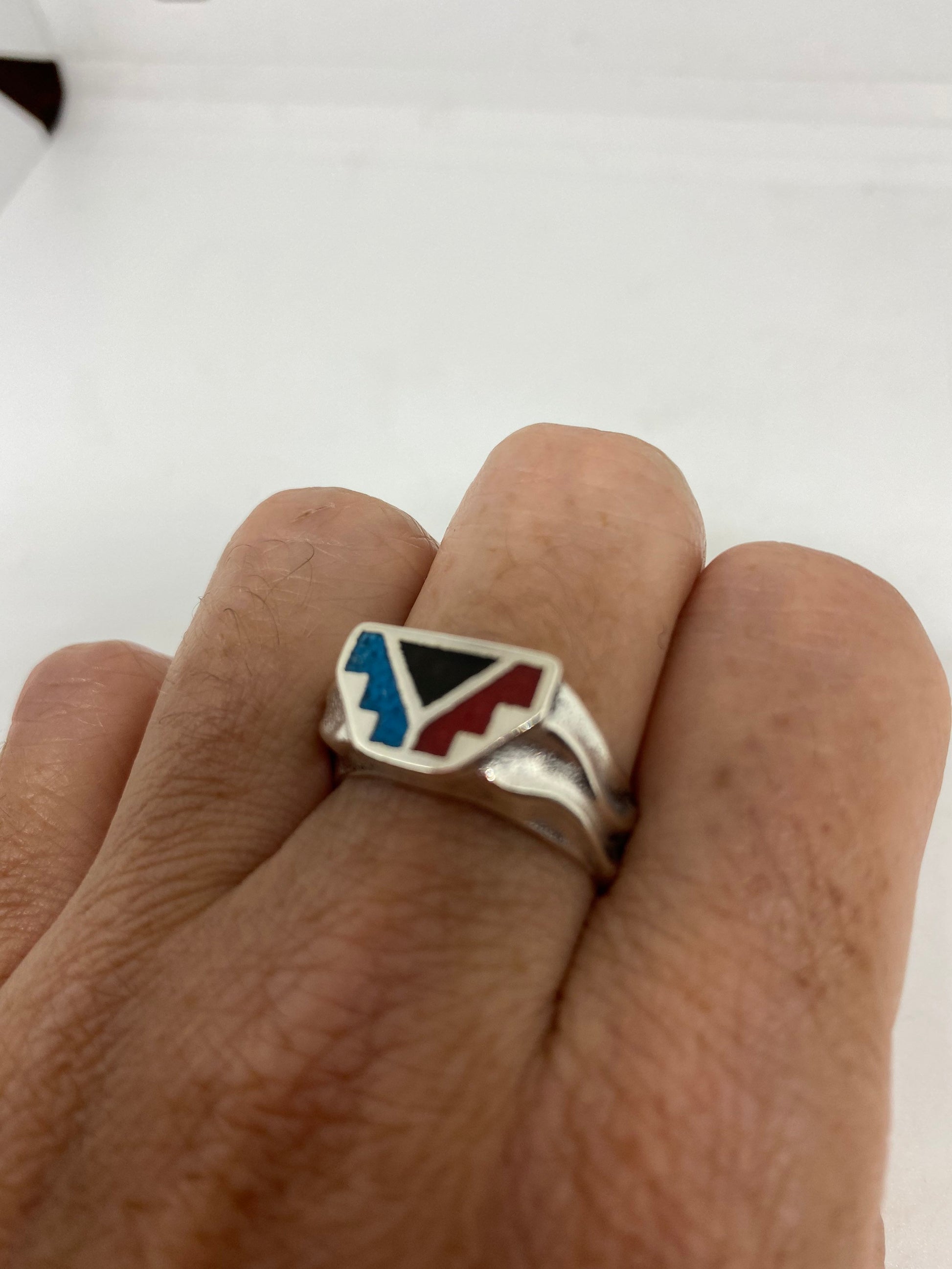 Vintage Native American Style Southwestern Turquoise Inlay Mens Ring