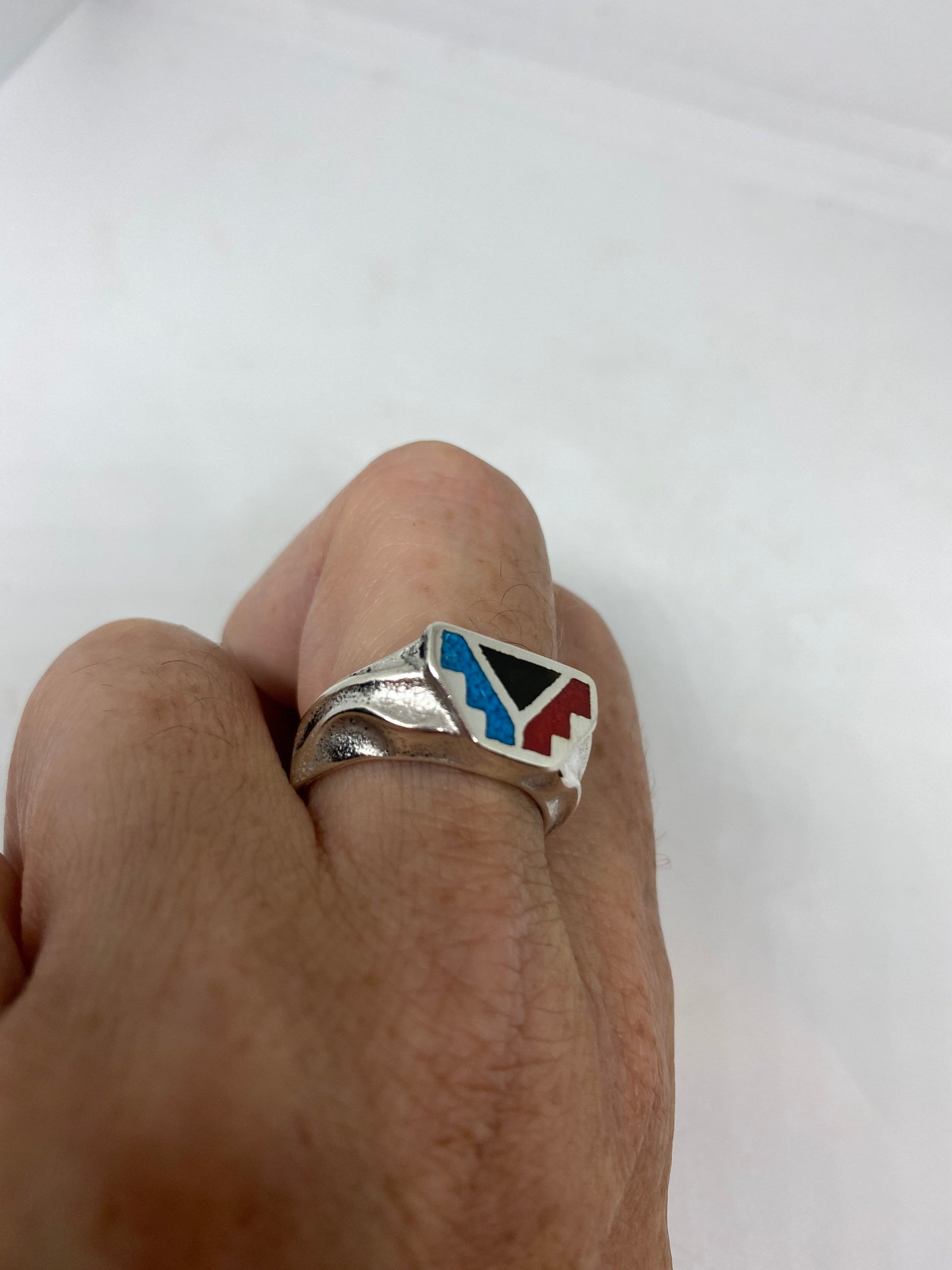 Vintage Native American Style Southwestern Turquoise Inlay Mens Ring