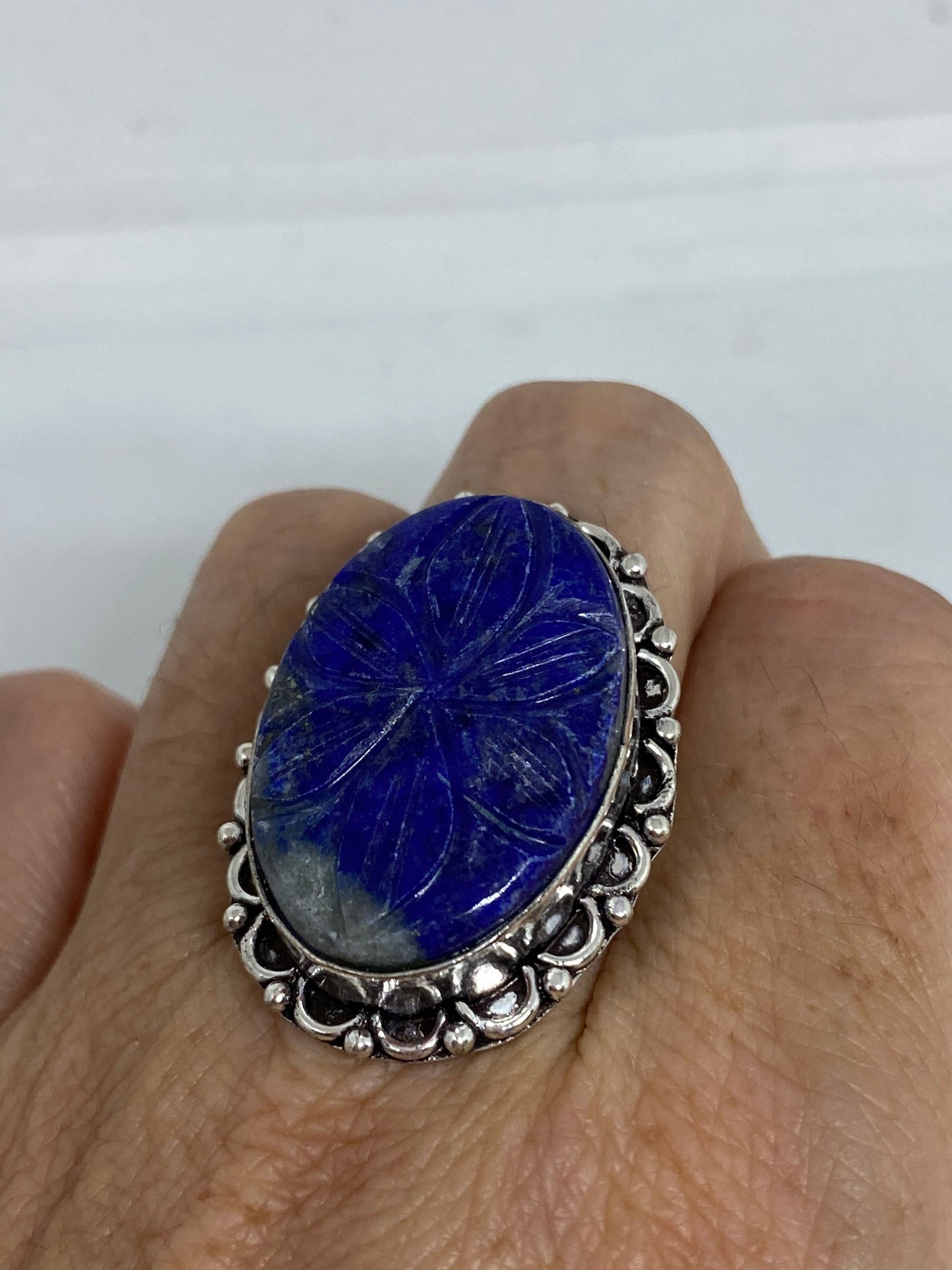 Vintage Blue Flower Carved Lapis Lazuli Ring