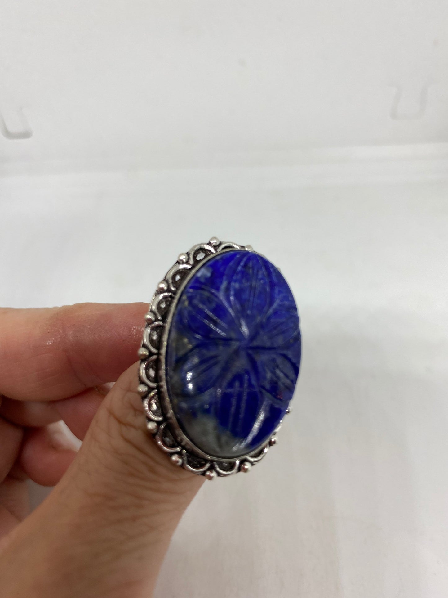 Vintage Blue Flower Carved Lapis Lazuli Ring