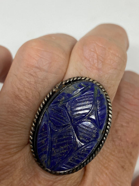 Vintage Blue Flower Carved Lapis Lazuli Ring