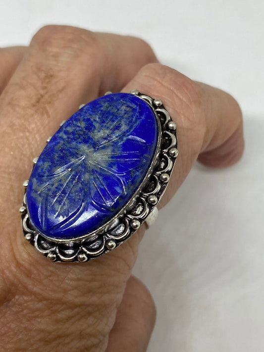 Vintage Blue Flower Carved Lapis Lazuli Ring