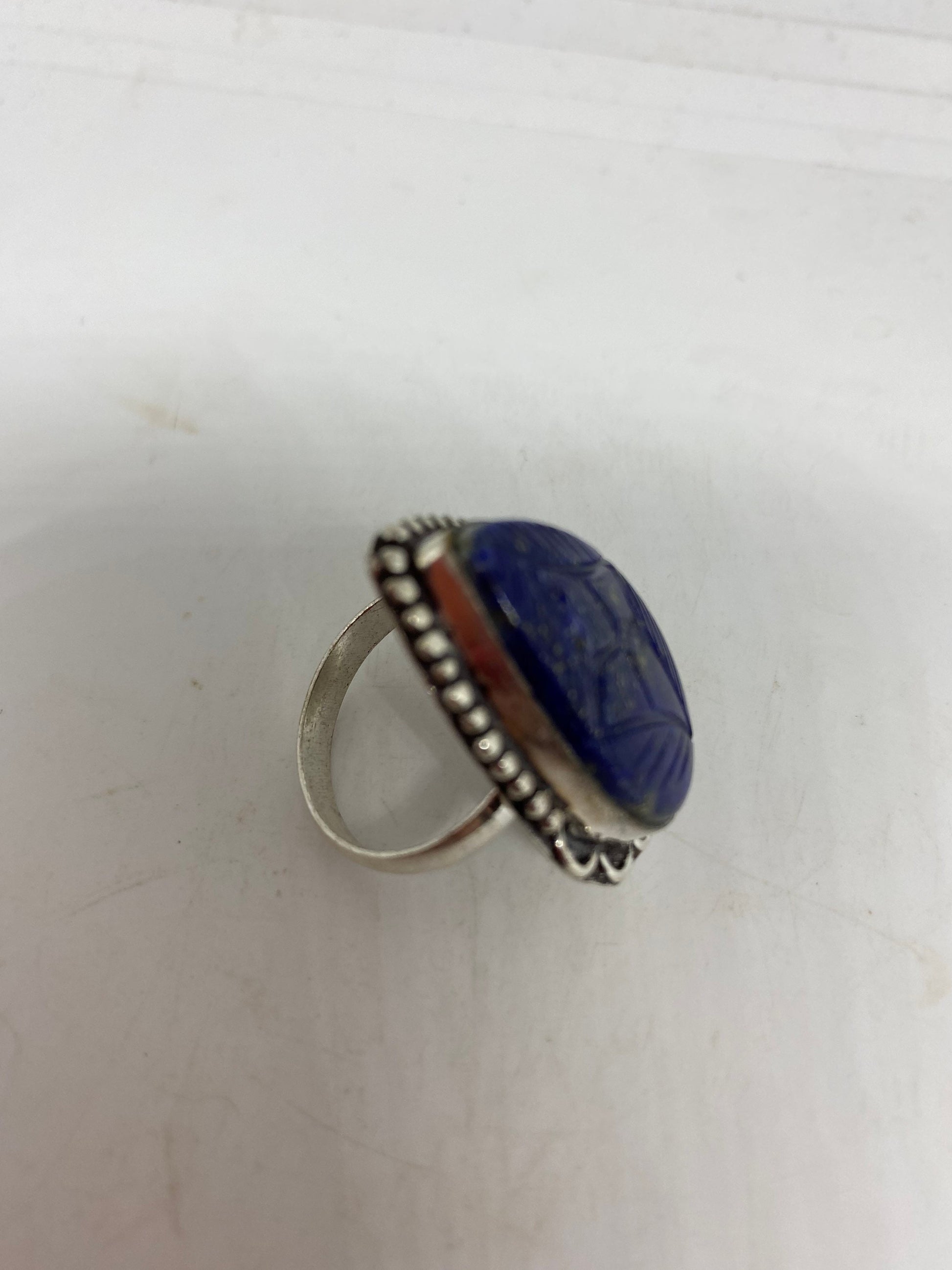 Vintage Blue Flower Carved Lapis Lazuli Ring