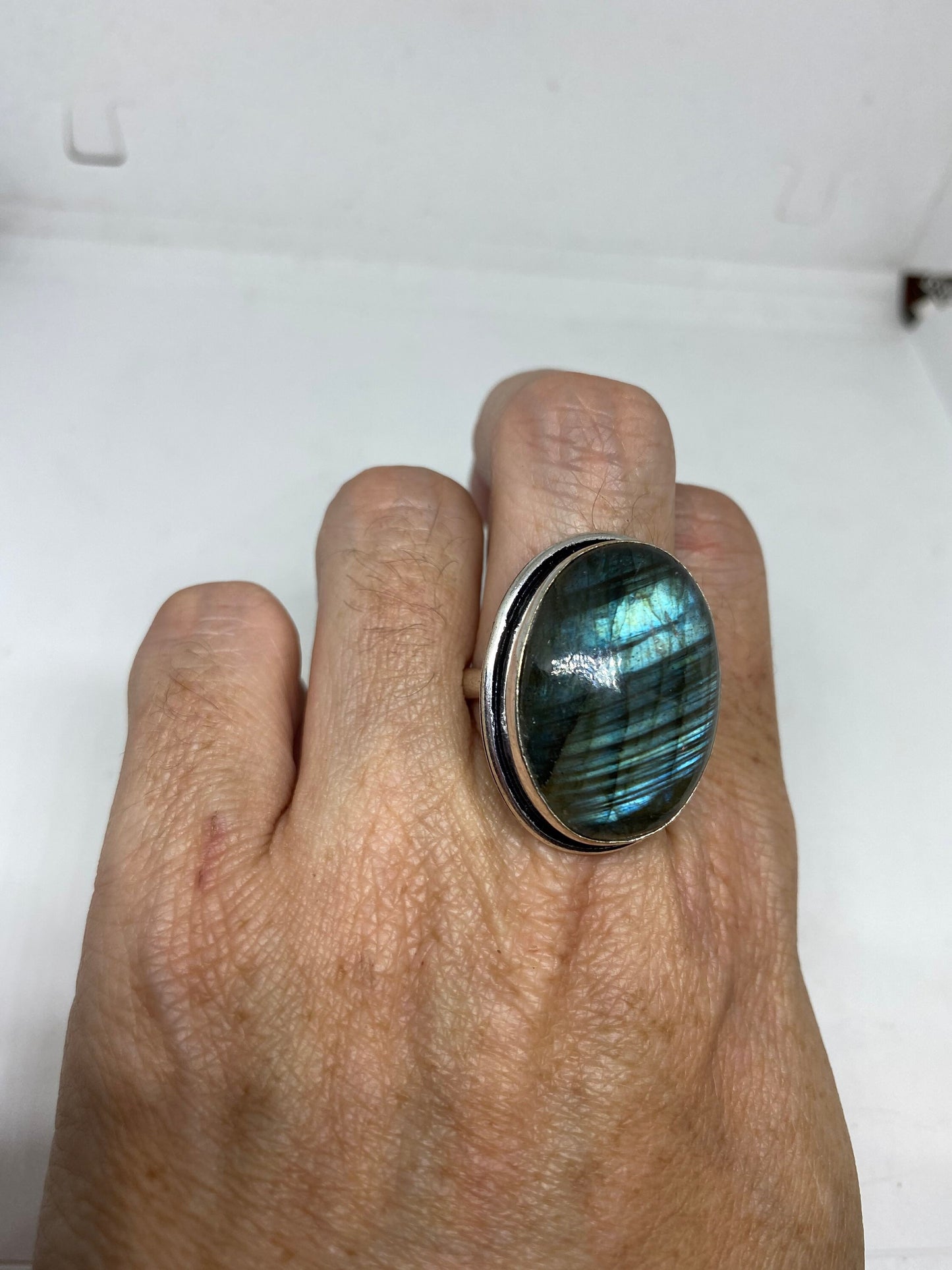 Vintage Large Blue Green Labradorite Stone Silver Ring